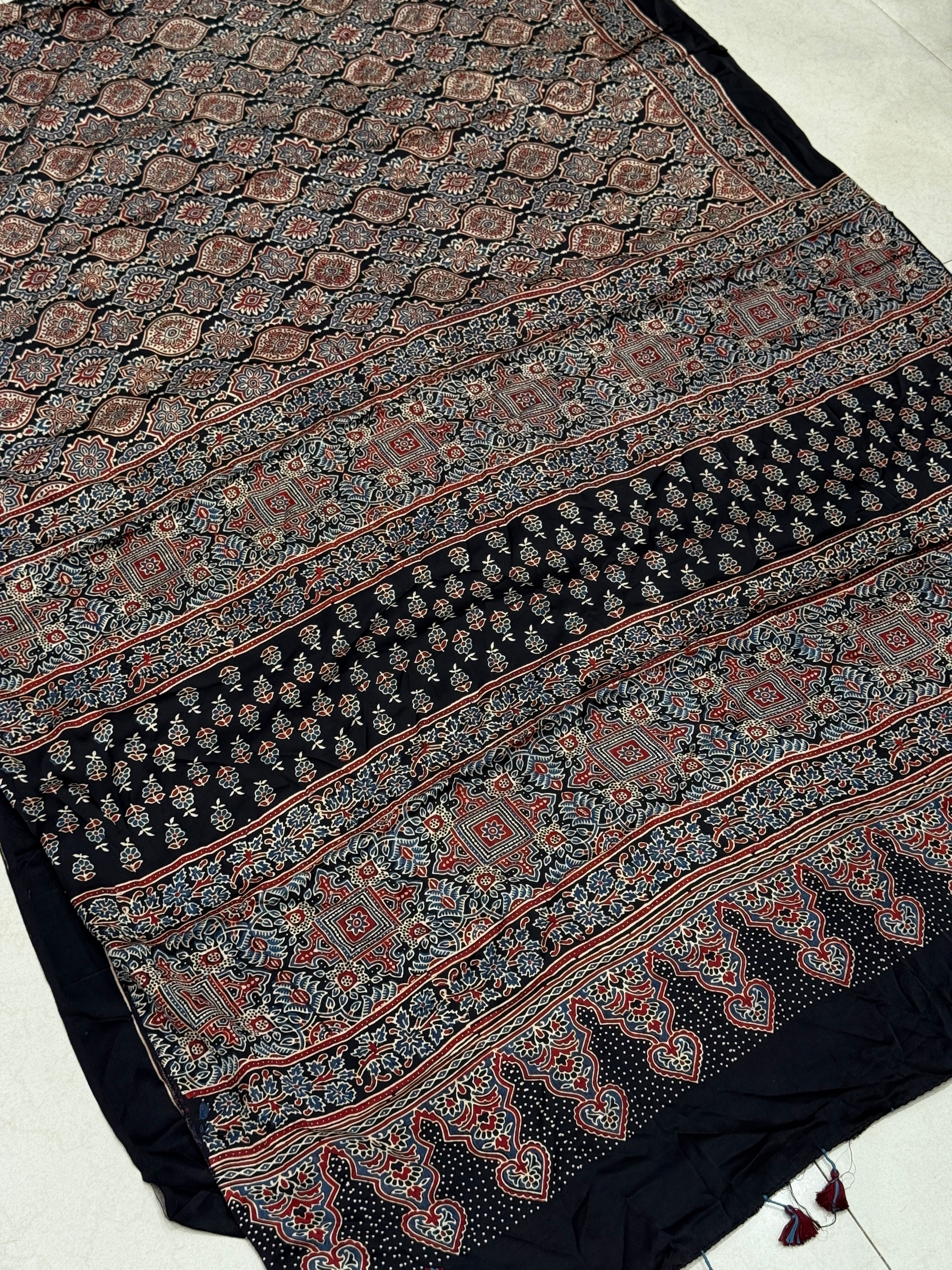 Black Badam Jaal Ajrakh Block Print Hand Pure Gajji Silk Saree