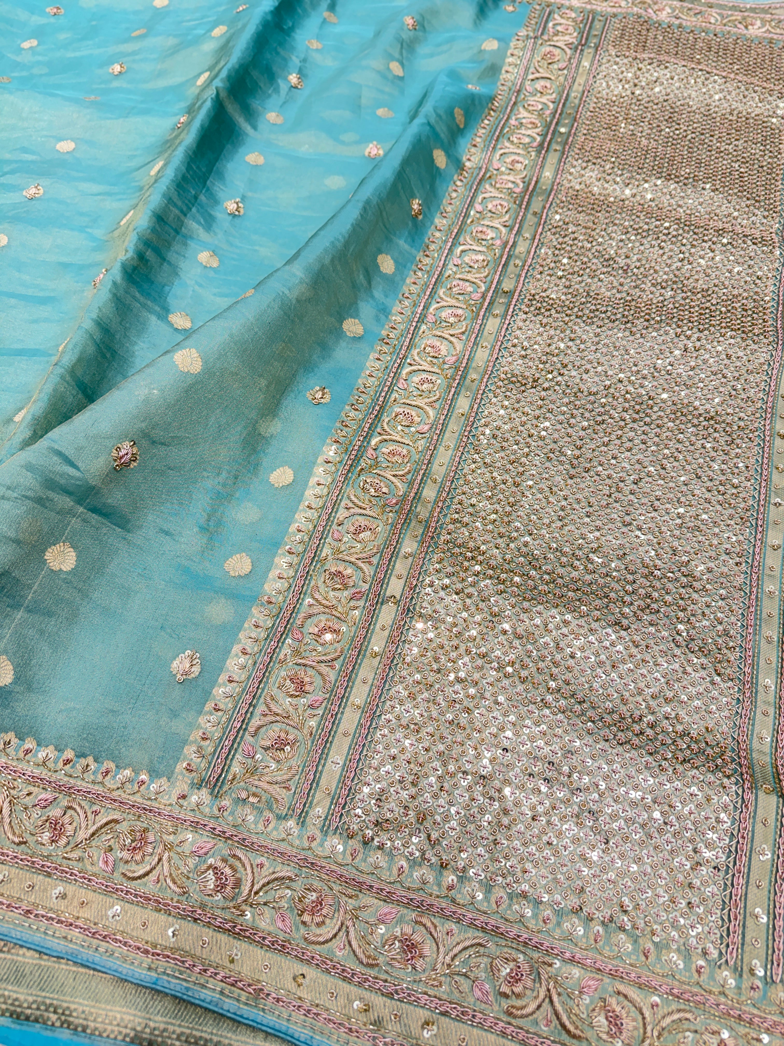 Sea Green Banarasi Tissue Handloom Kadwa Weave Zardosi Embroidery Saree