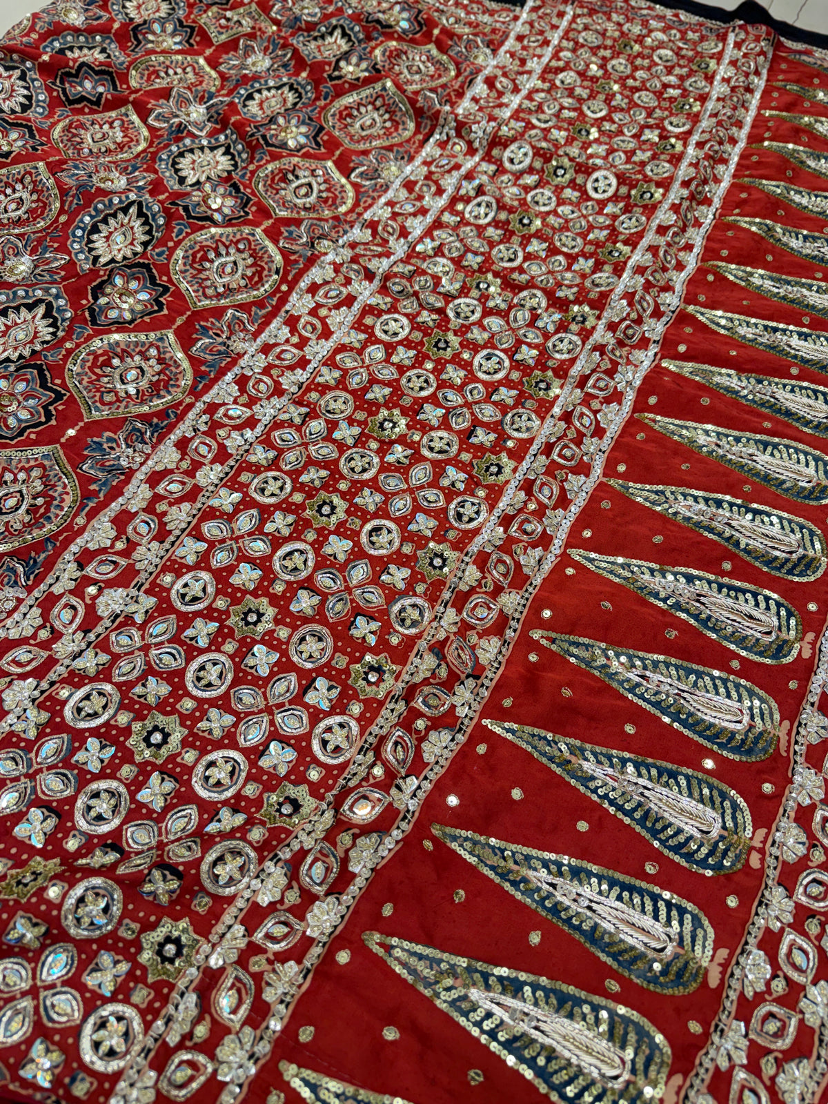Red Badam Jaal Pita Zardosi Sequin Ajrakh Hand Embroidery Saree