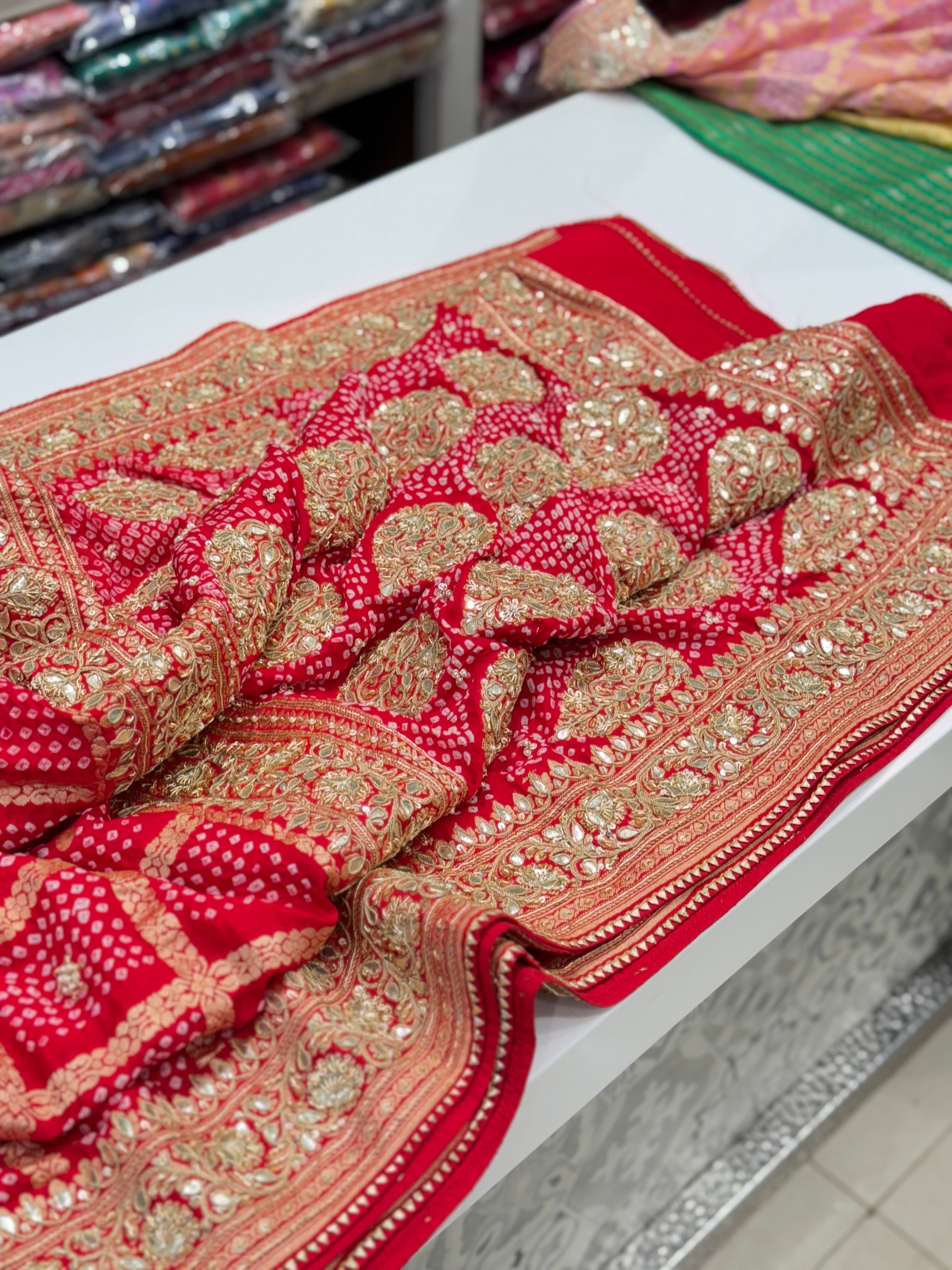 Red Bandhej Zardosi Saree