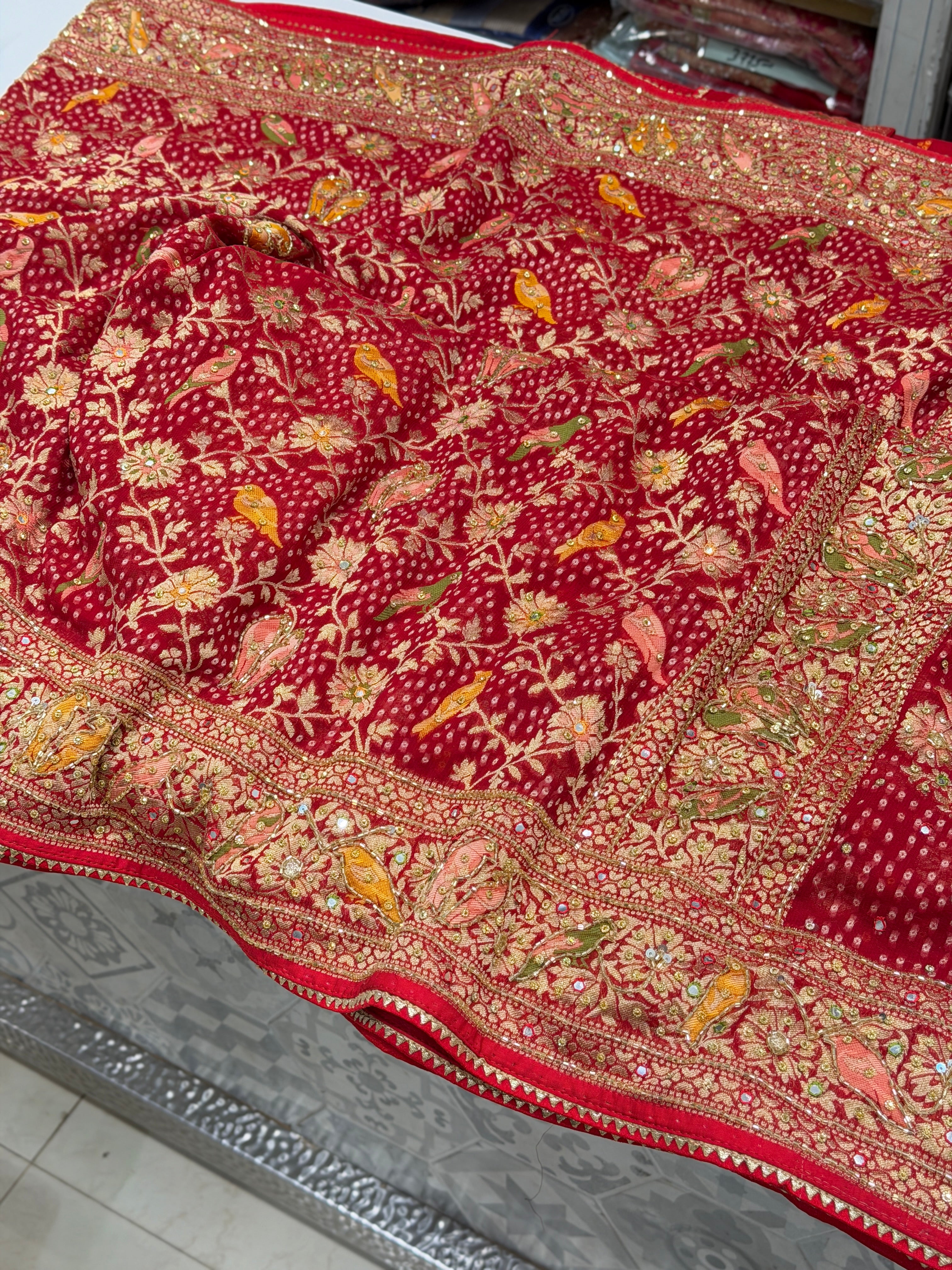 Red Woven Bandhej Banarasi Khaddi Georgette Parrot Motif Hand Embroidery Saree