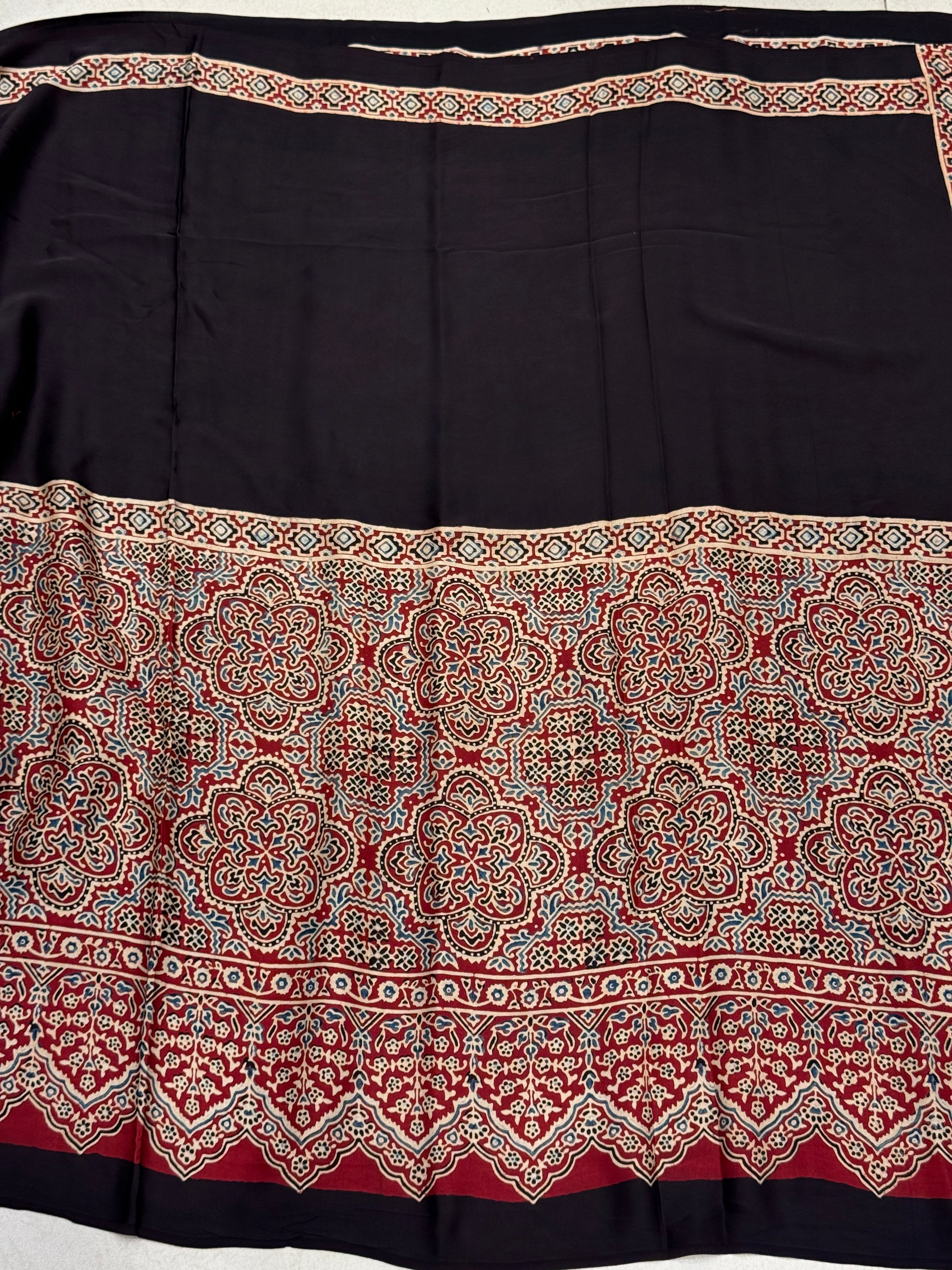 Red Black Jewelled Half Ajrakh Modal Gajji Silk Saree