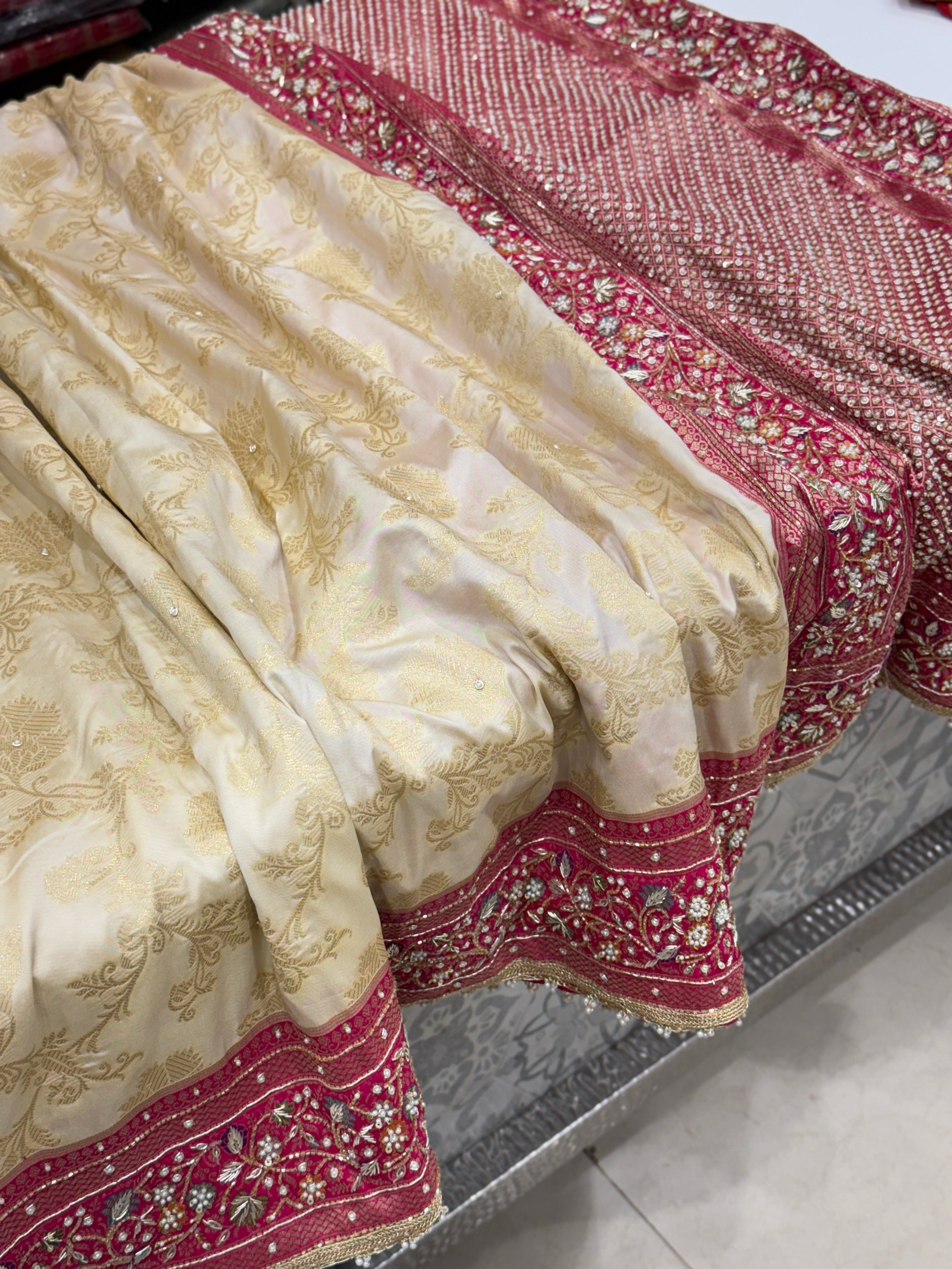 Beige Rani Banarasi Border Hand Embroidery Saree