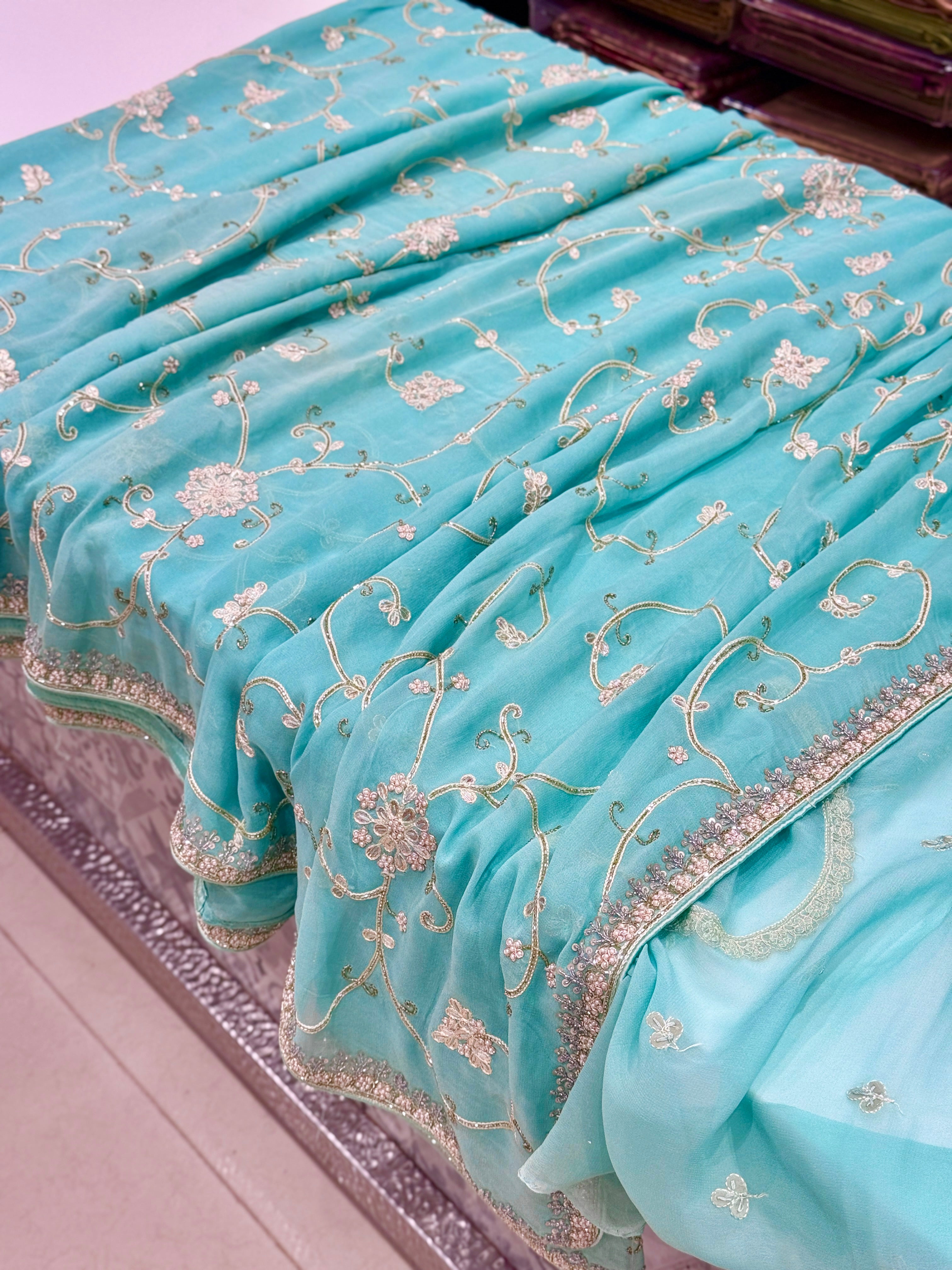 Sea Blue Georgette Gotapatti Jaal Saree