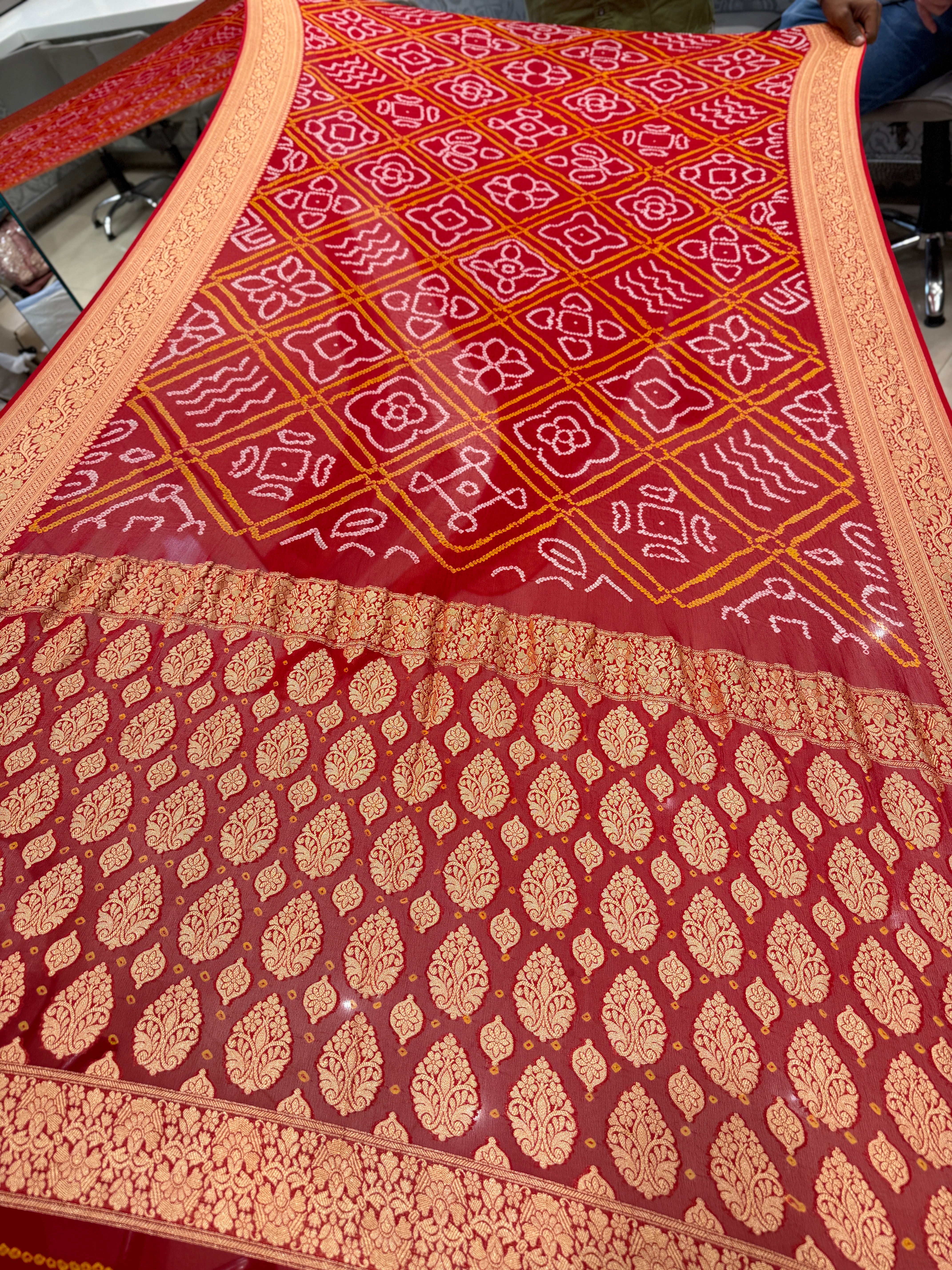 Red Rai Bandhej Bavan Bhat Georgette Saree Banarasi