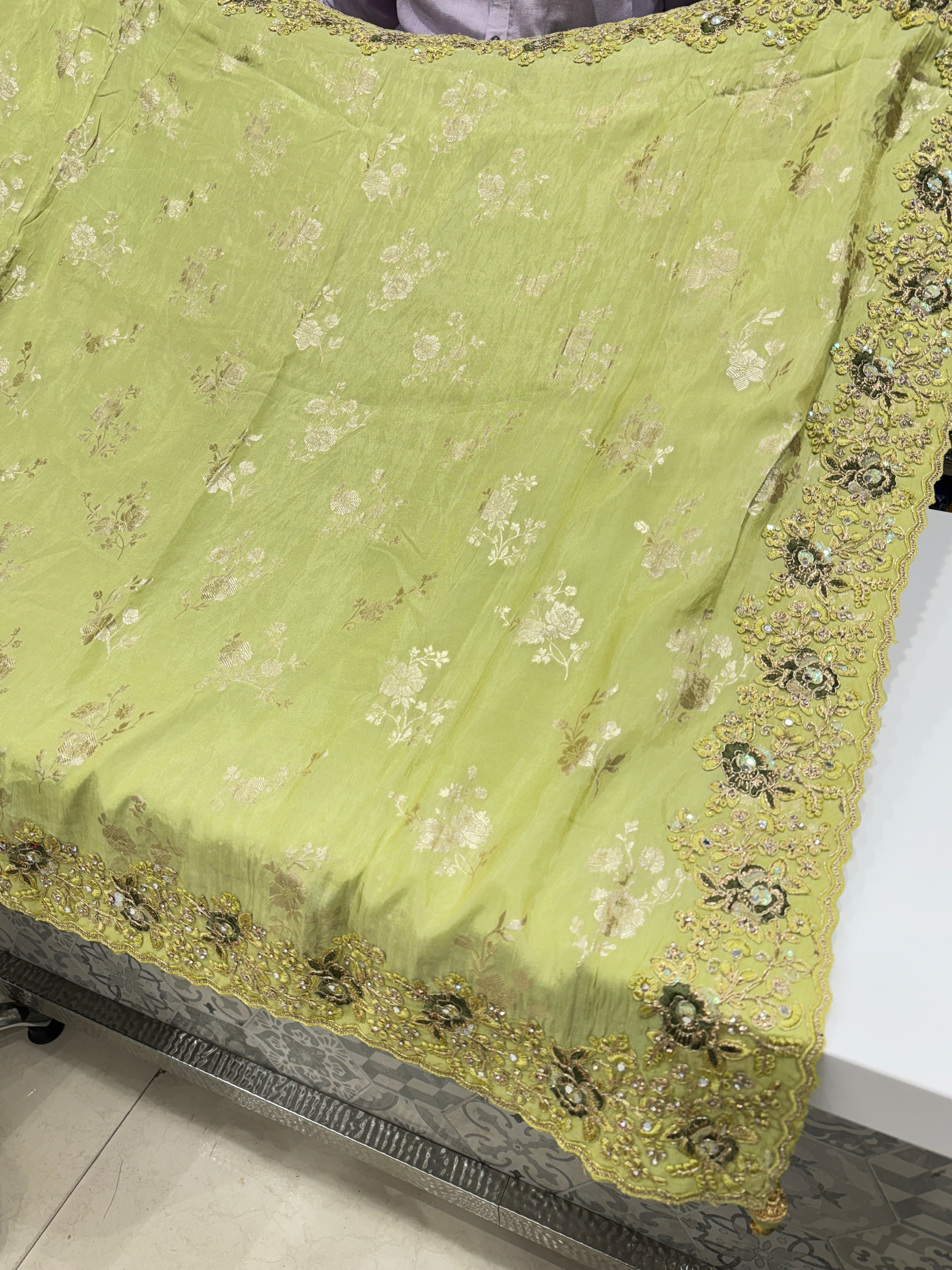 Pista Crepe Tissue Embroidery Saree