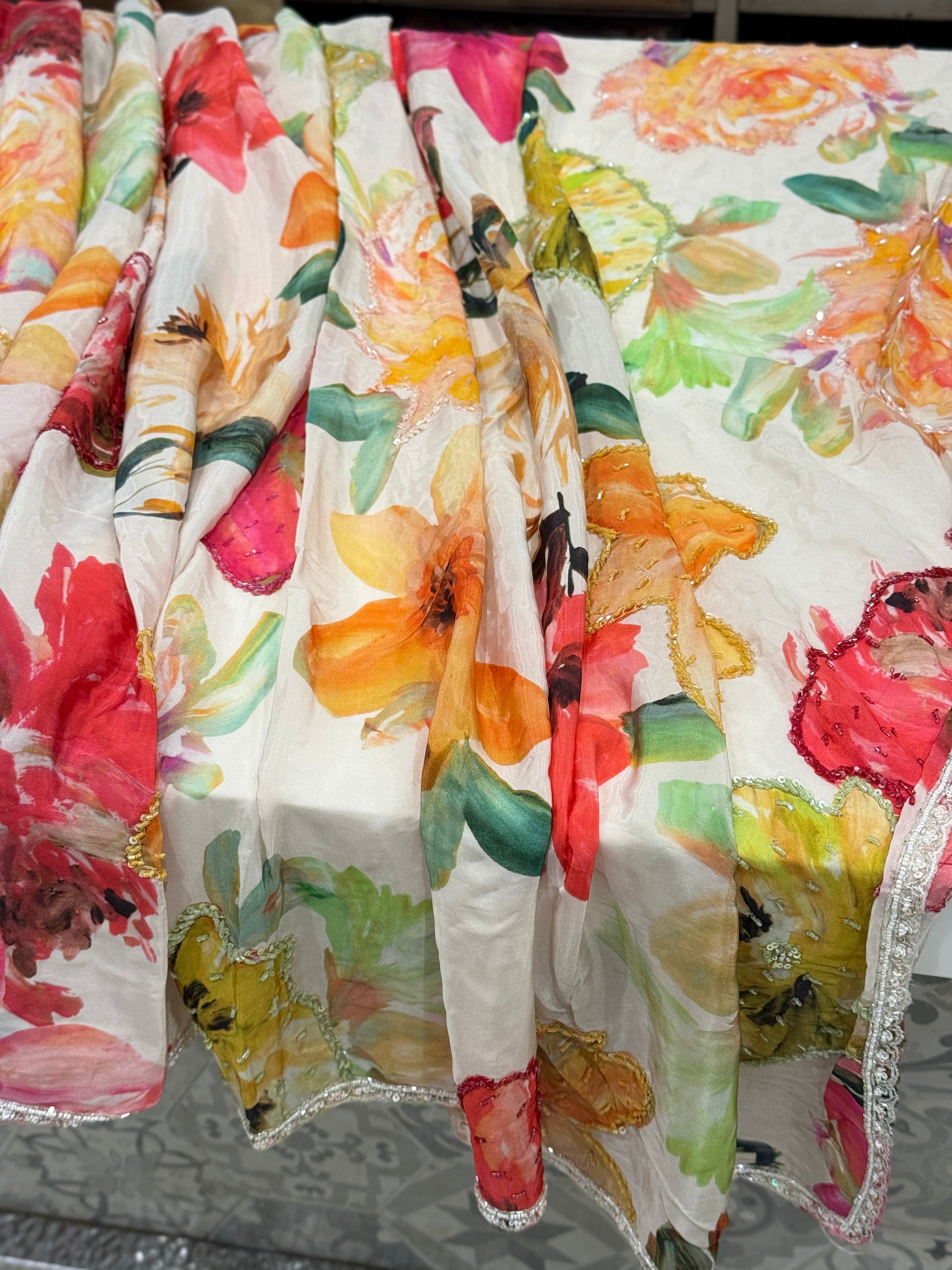 Multi Colour Print Muslin Hand Embroidery Saree