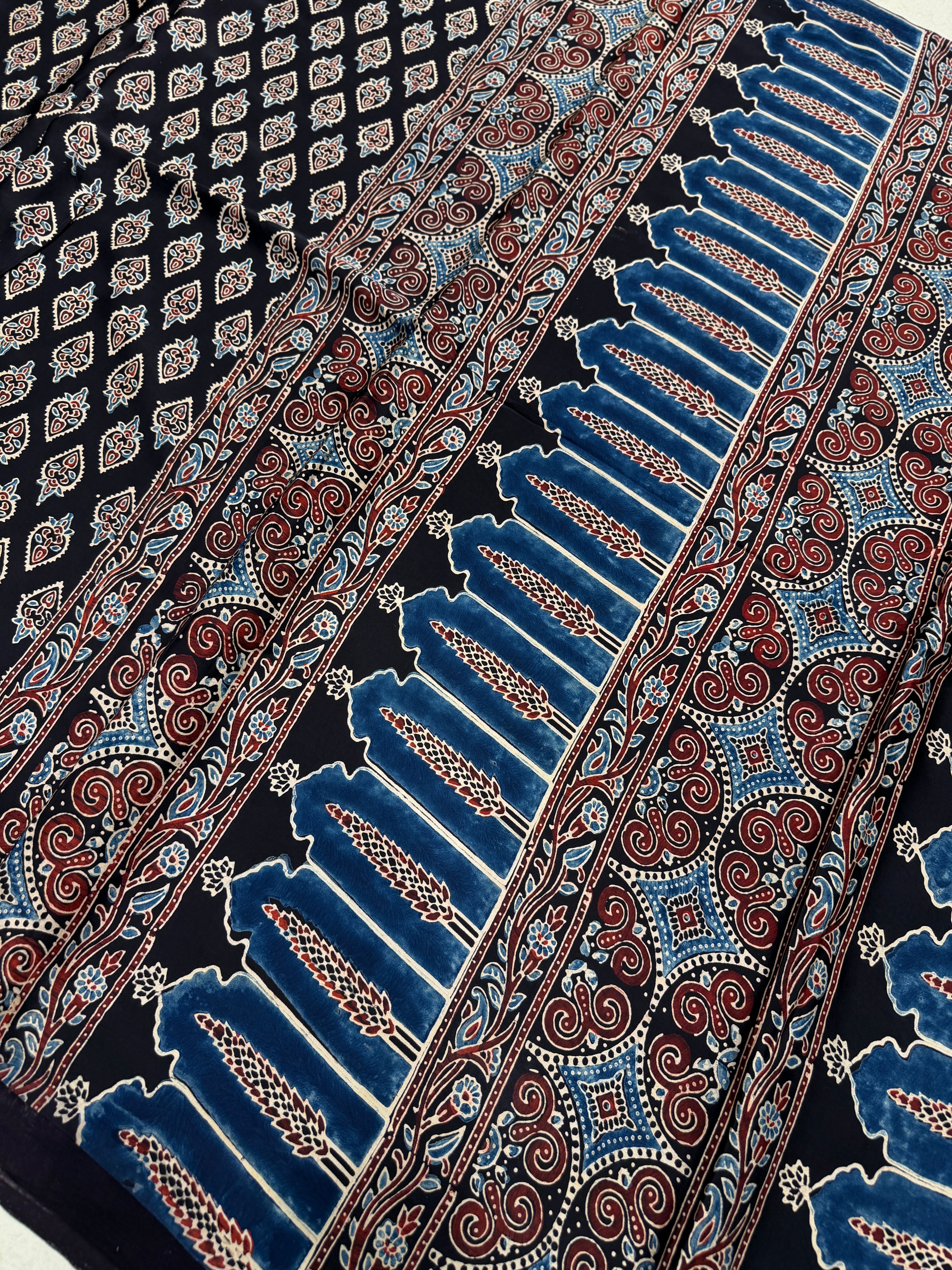 Black Keri Buttas Ajrakh Block Print Hand Pure Gajji Silk Saree
