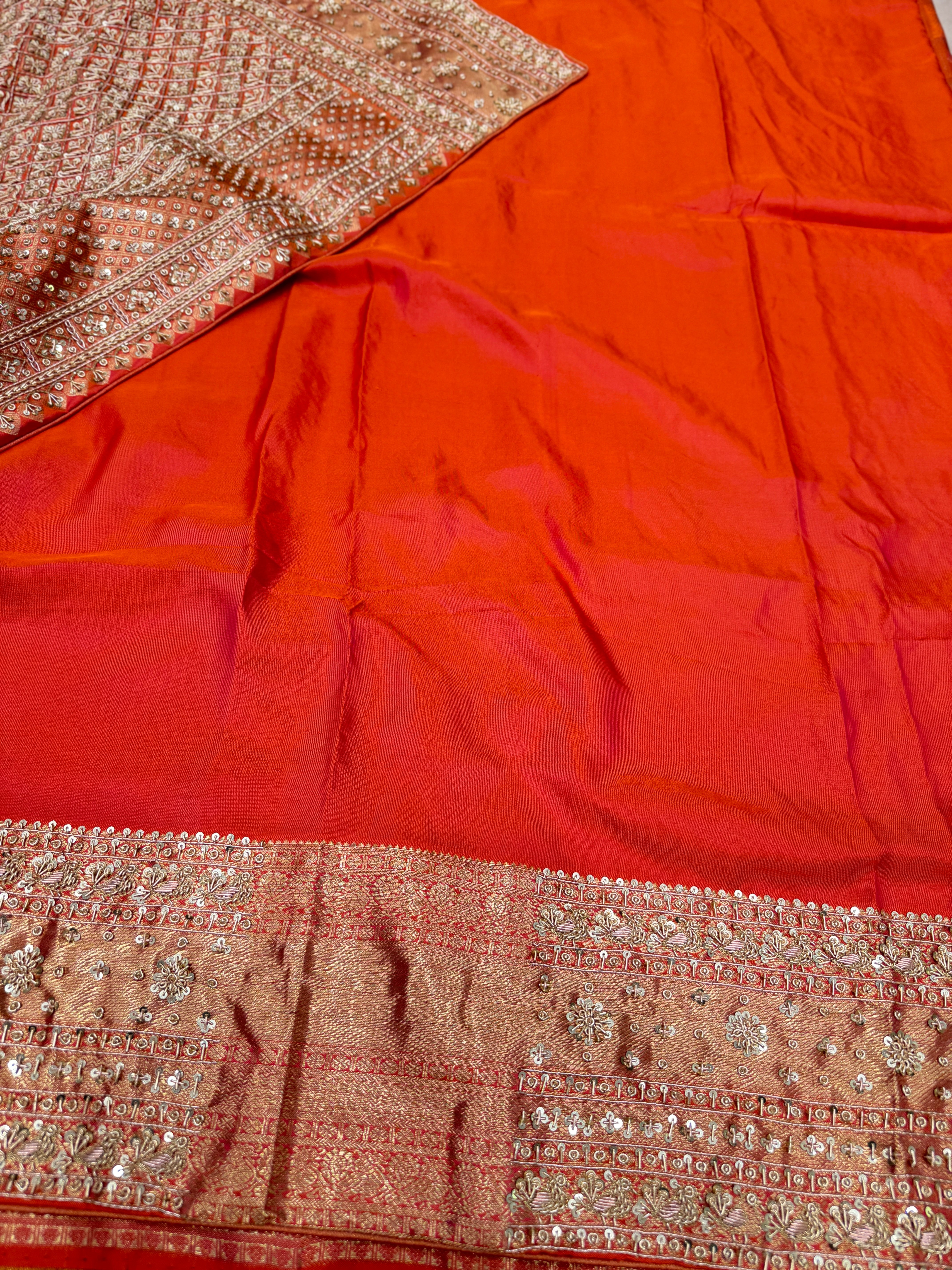 Orange Kanjivaram Zardosi Hand Embroidery Saree