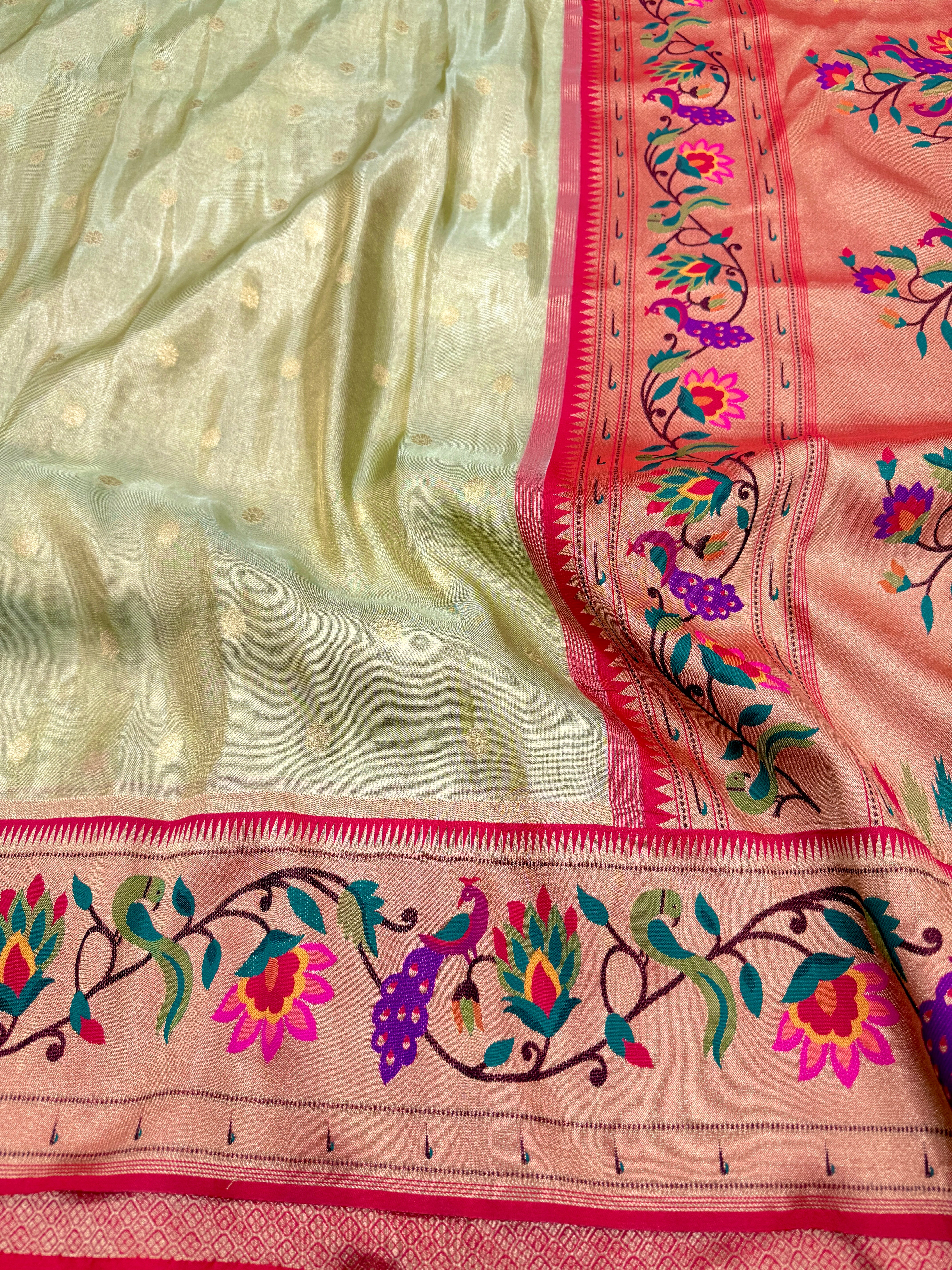 Pista Green Tissue Paithani Peacock Border Saree