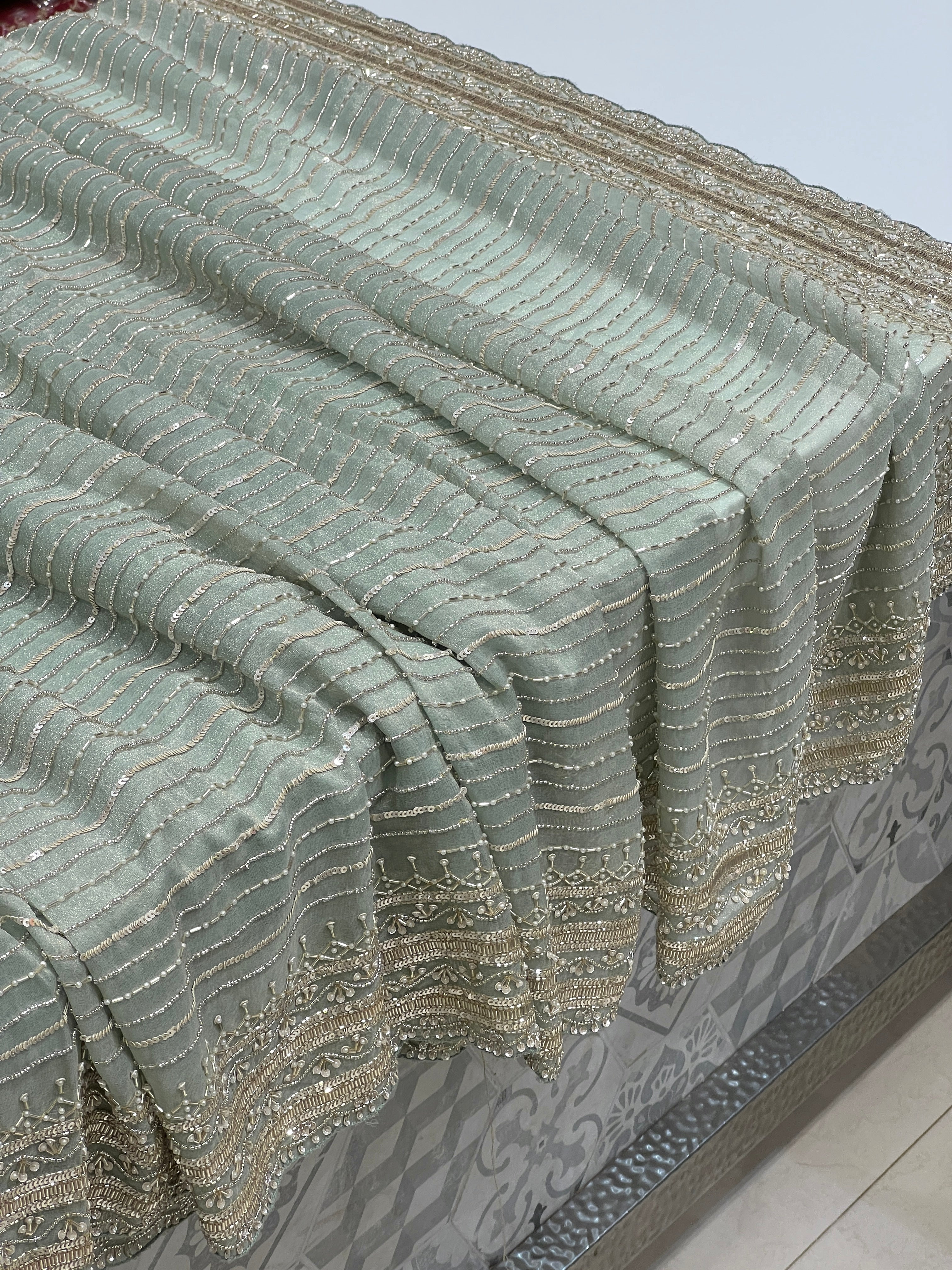 Green Crepe Tissue Moti Hand Embroidery Saree