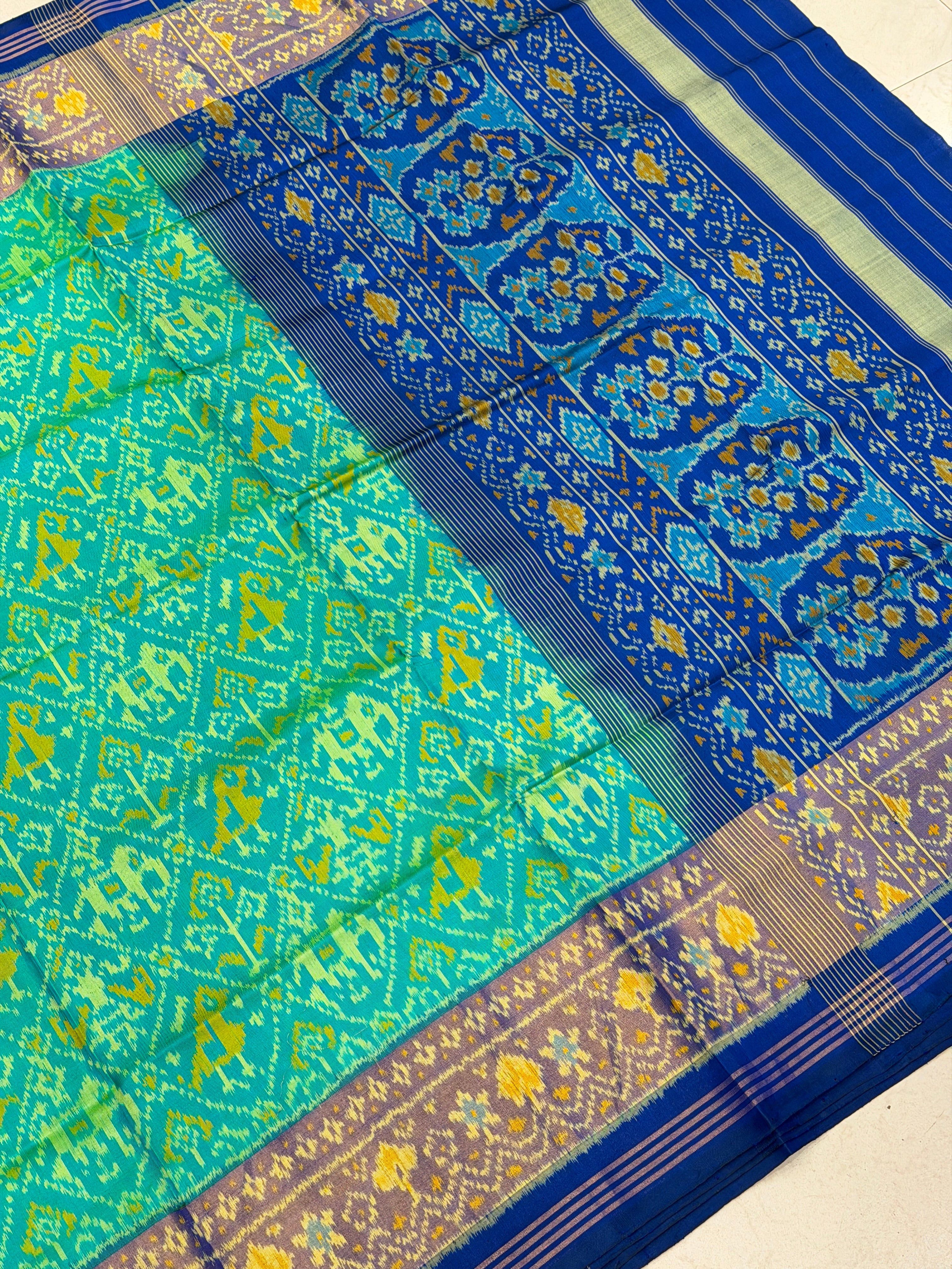 Rama Green with Blue Handloom Rajot Ikat Patola Silk Saree