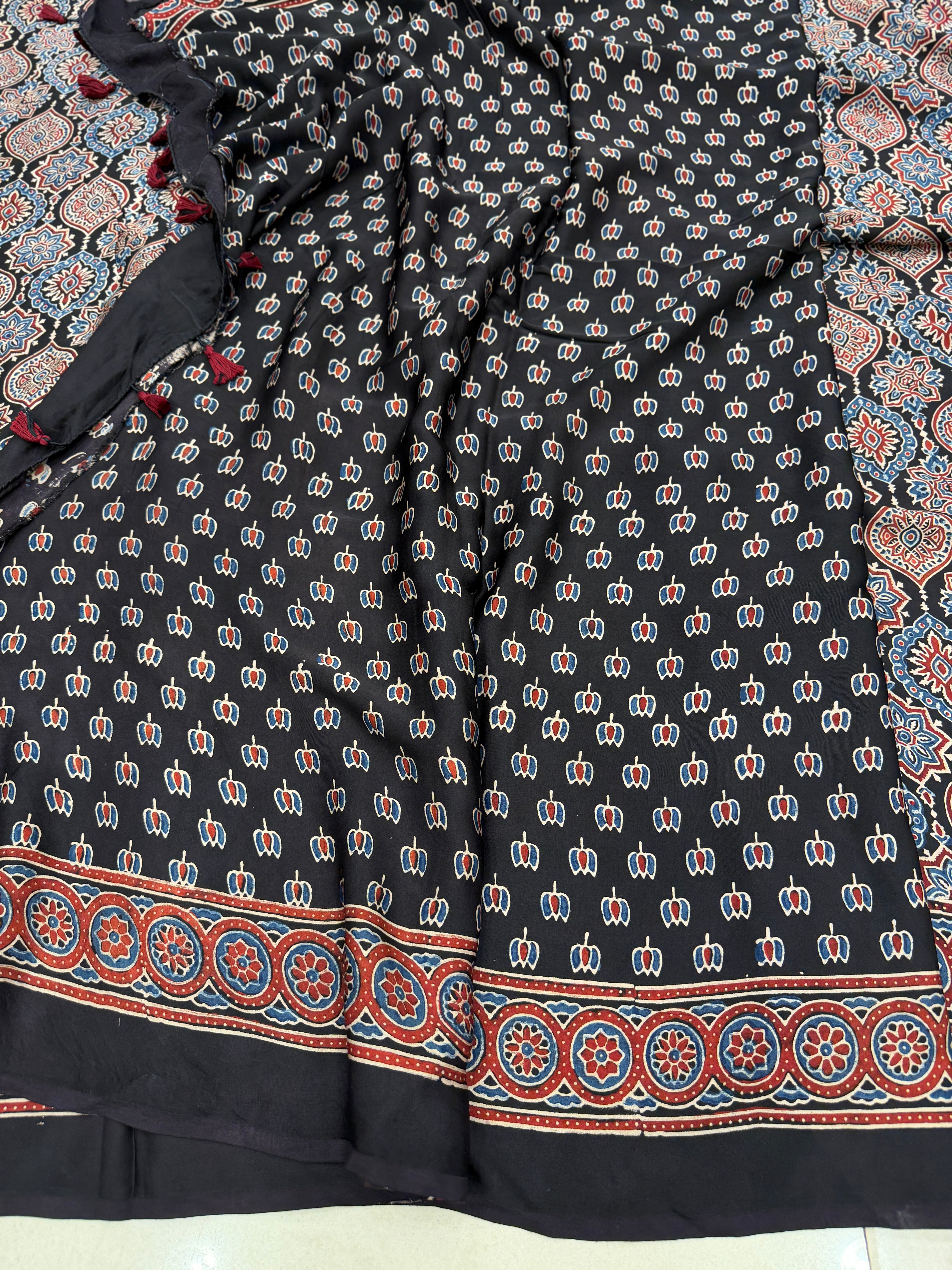 Black Small Badam Jaal Ajrakh Hand Block Print Pure Gajji Silk Saree