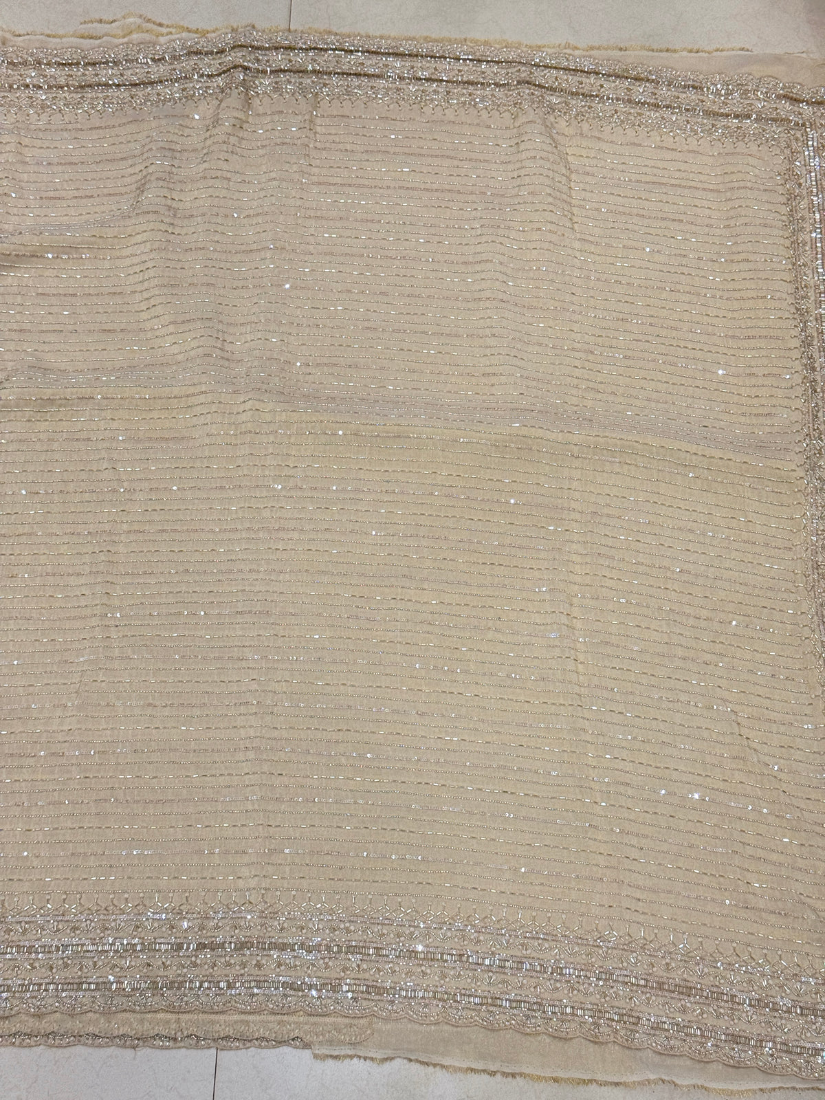 Beige Satin Crepe Moti MM inspired Hand Embroidery Saree