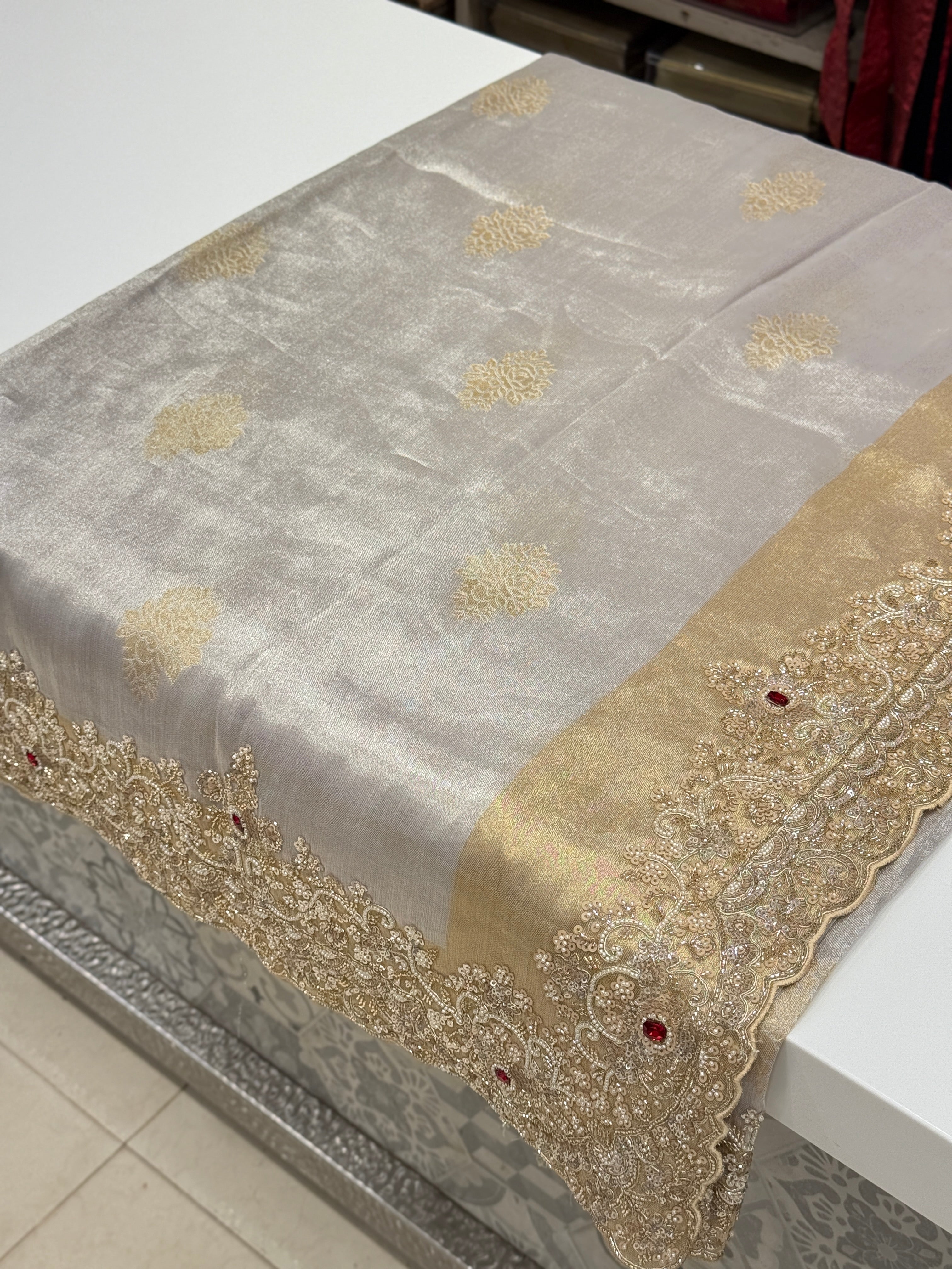 Silver Golden Tissue Moti Cutdana Embroidery Saree