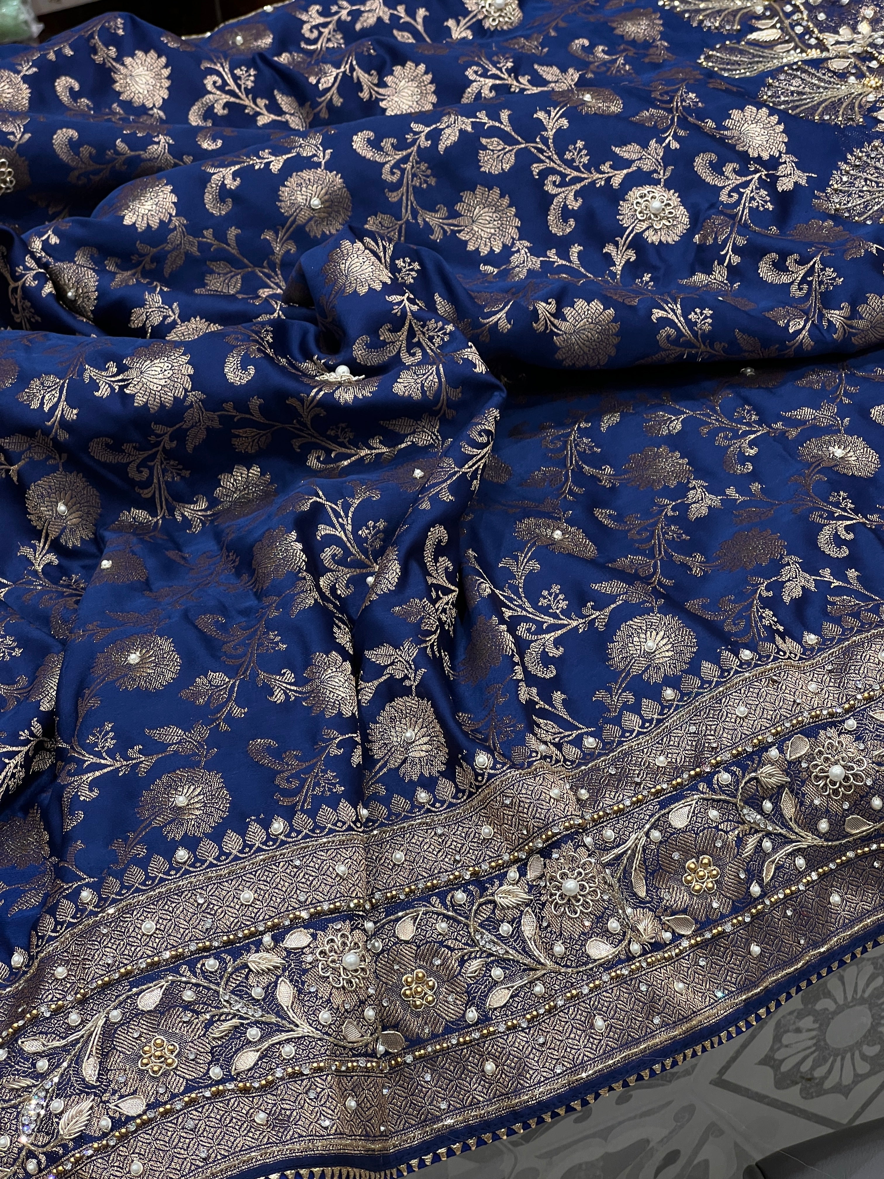 Blue Small Jaal Banarasi Silk Hand Embroidery Saree