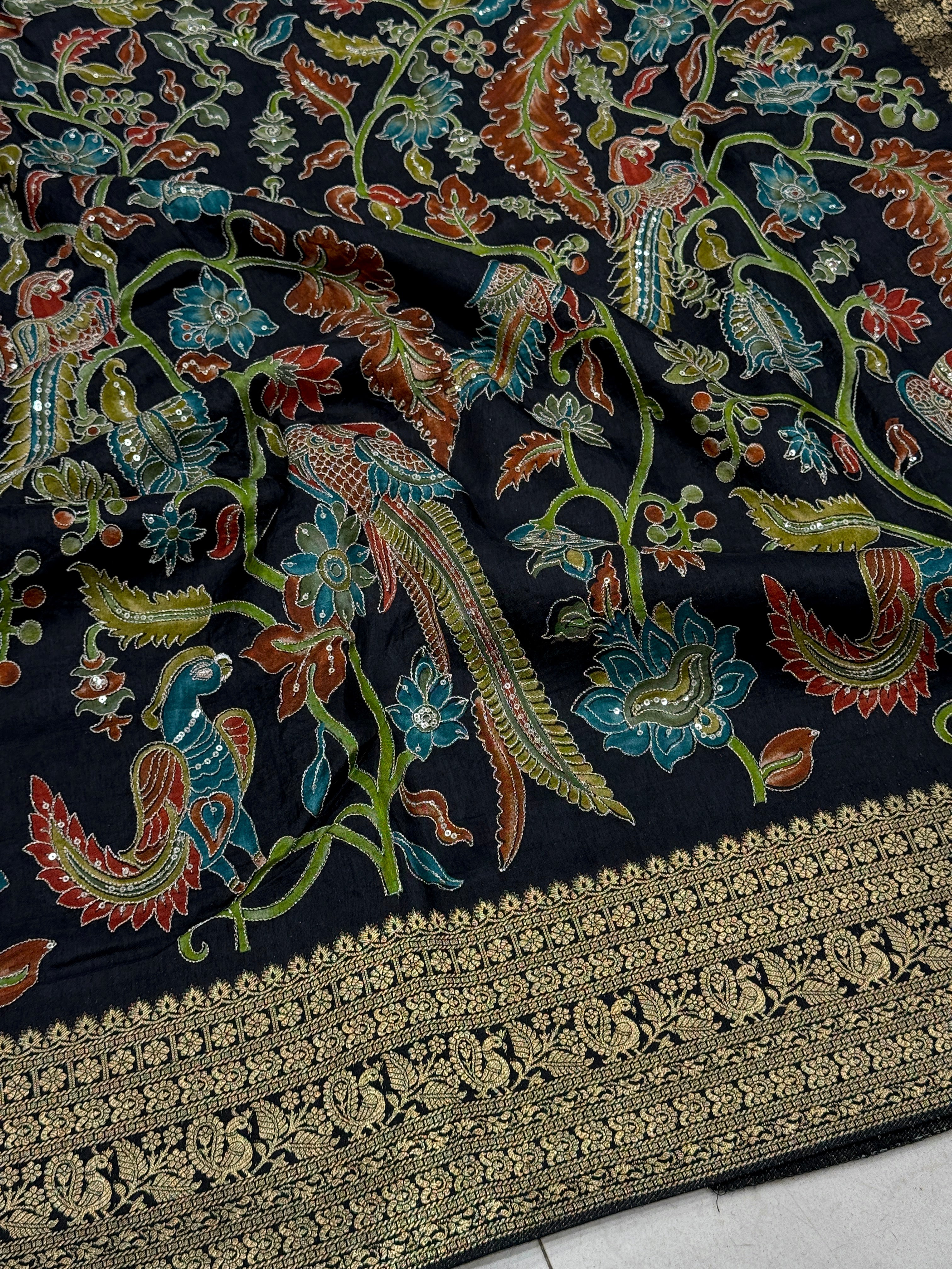Black Kalamkari Weave Banarasi Munga Pita Embroidery Saree