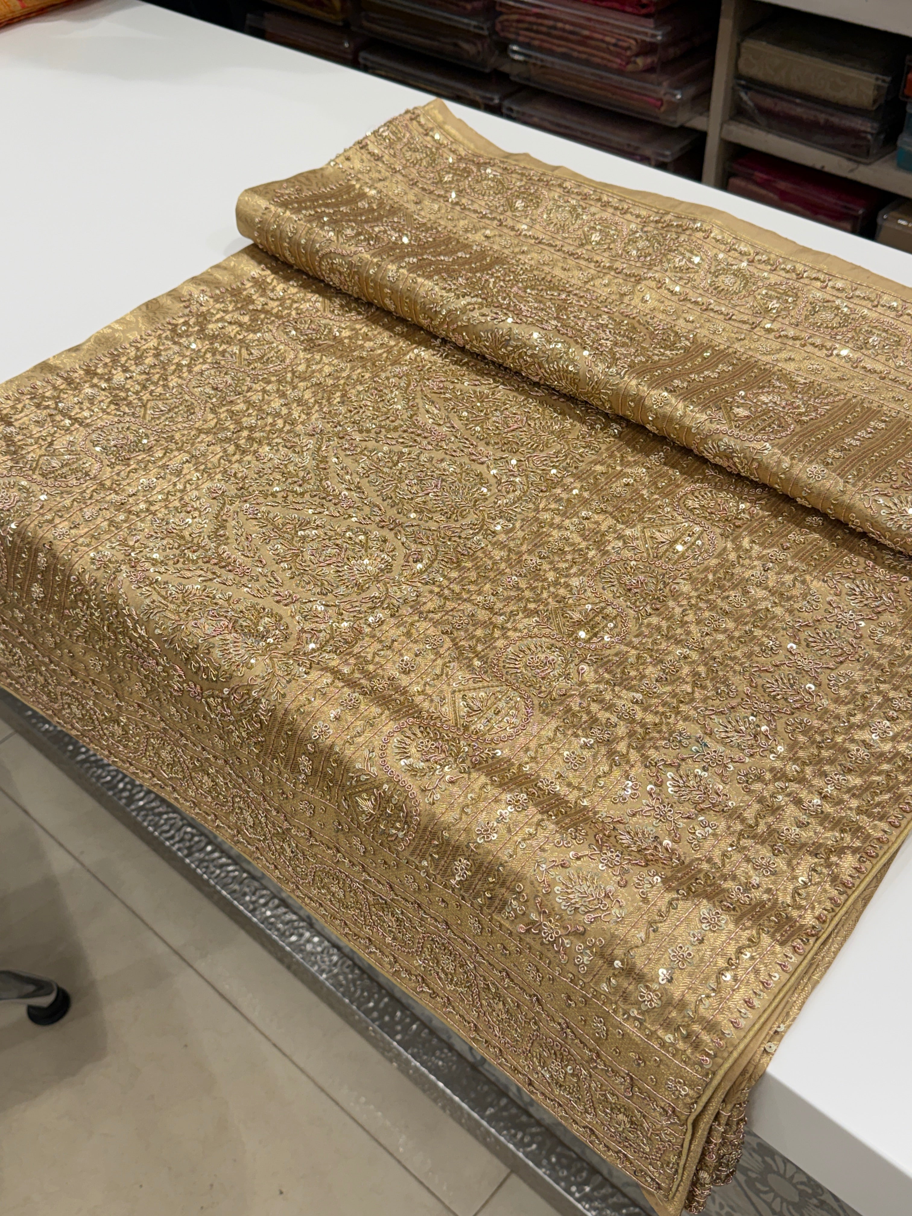 Beige Gold Kanjivaram Zardosi Hand Embroidery Saree
