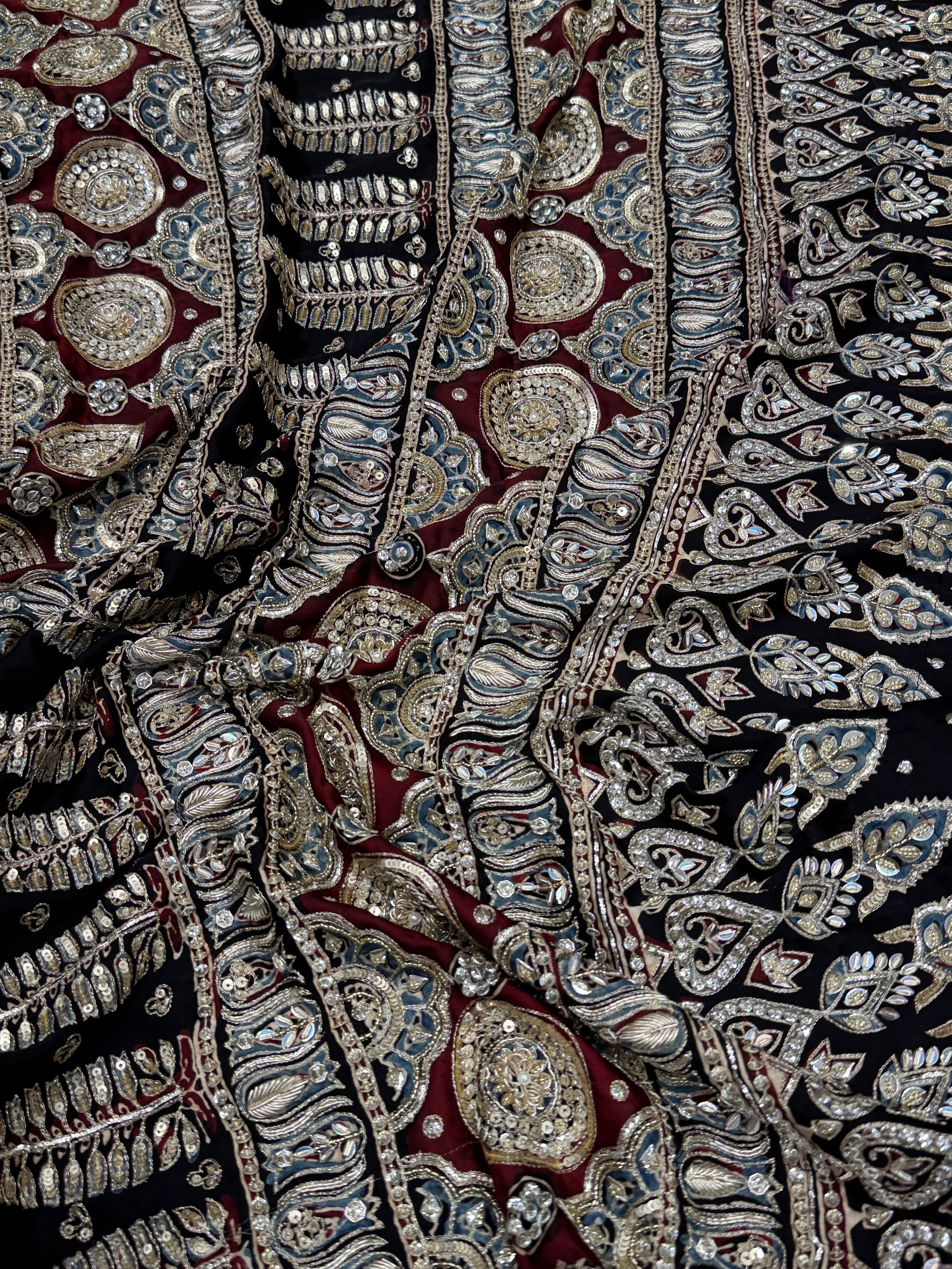 Ajrakh Black Badam Jaal Hand Embroidery Zardosi and Pita Work
