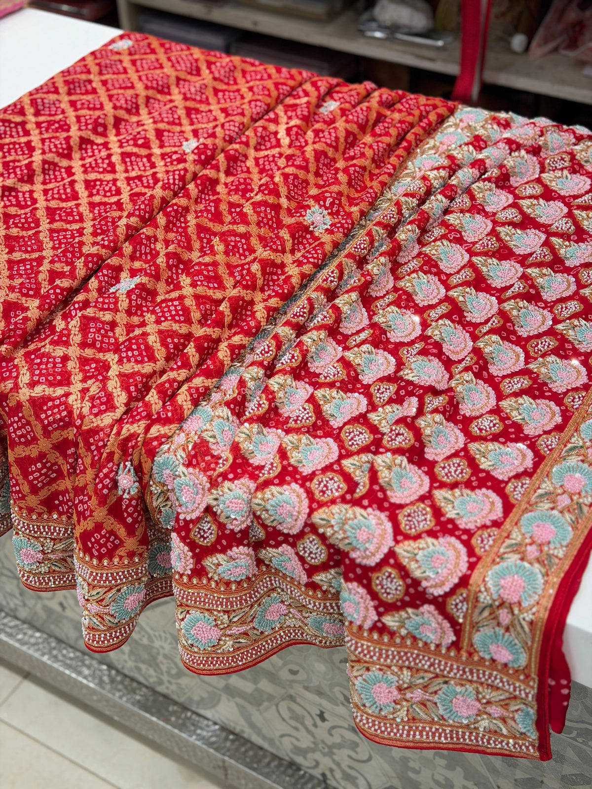 Red Bandhej Moti Zardosi Hand Embroidery Saree