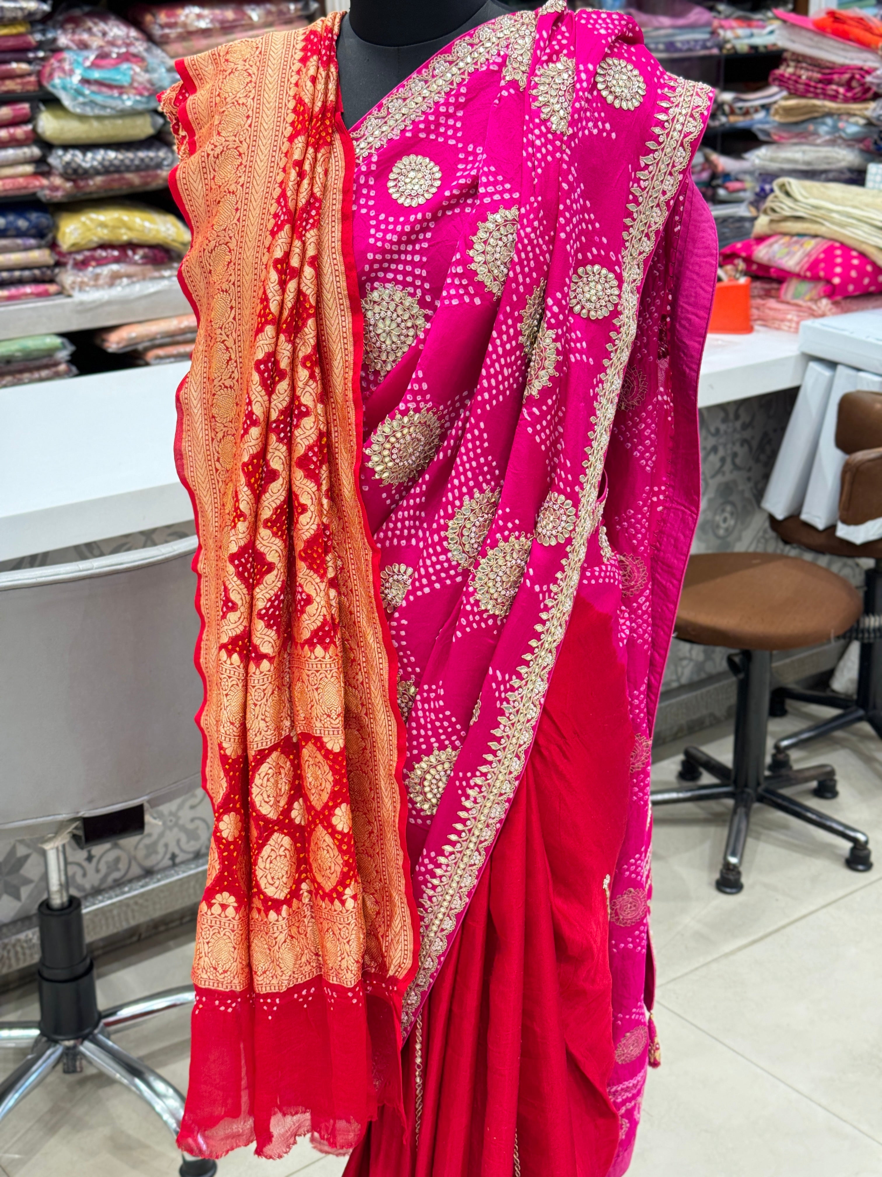 Gajji Silk Bandhej Gotapatti Saree