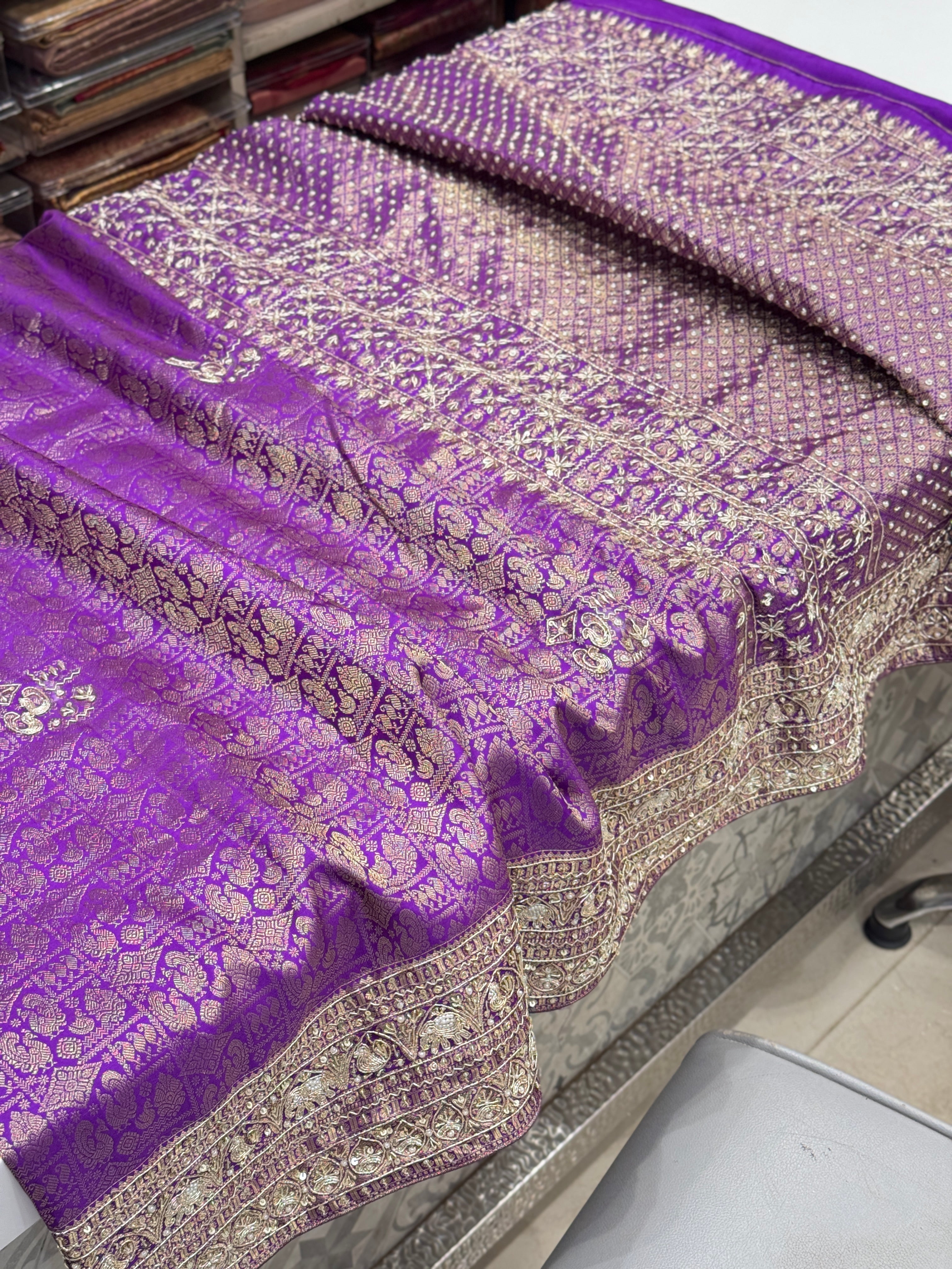 Violet Kanjivaram Peacock Motif Zardozi Hand Embroidery Saree