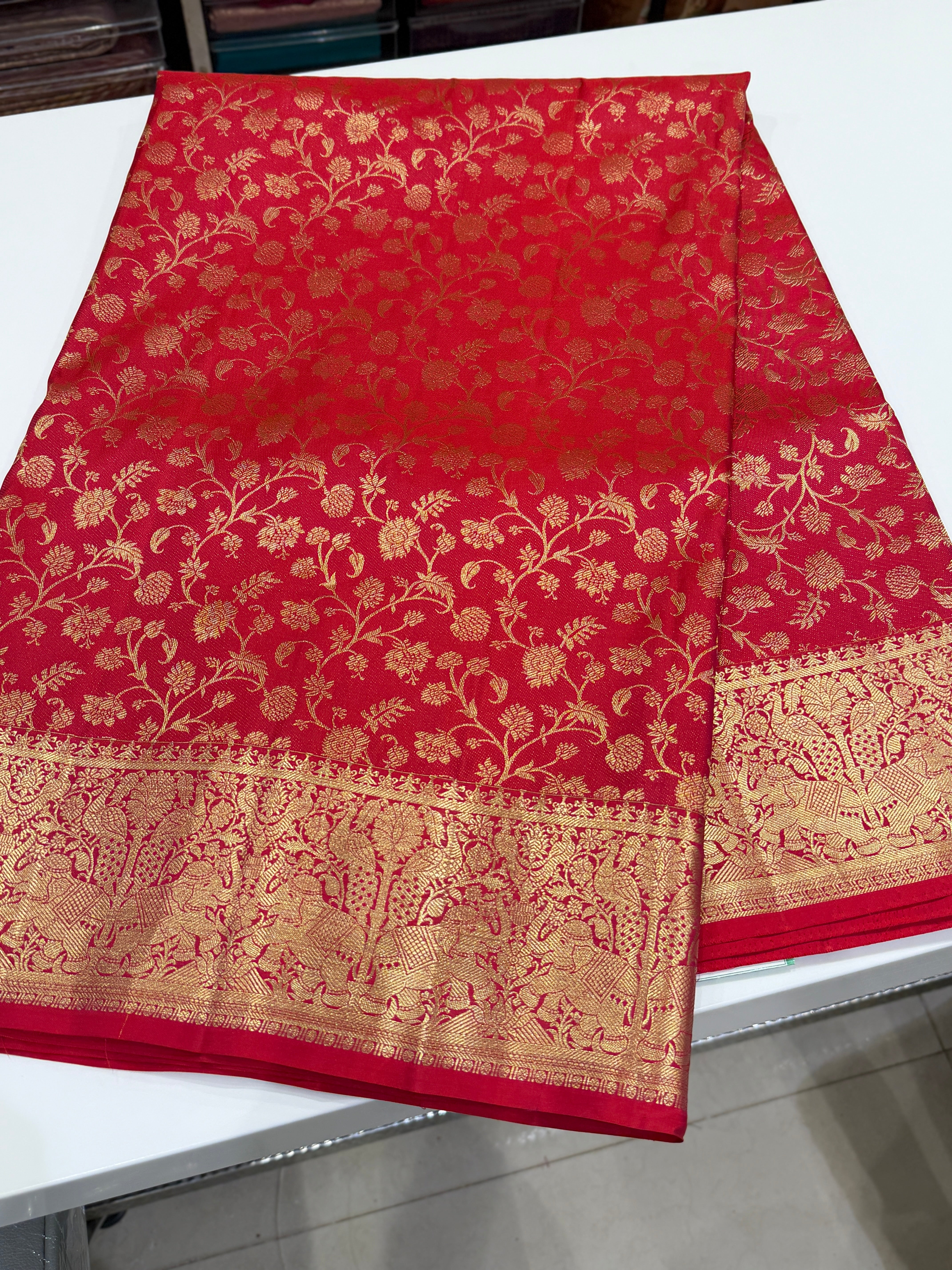 Cross Red Pure Silk Elephant Motif Kanjivaram Saree