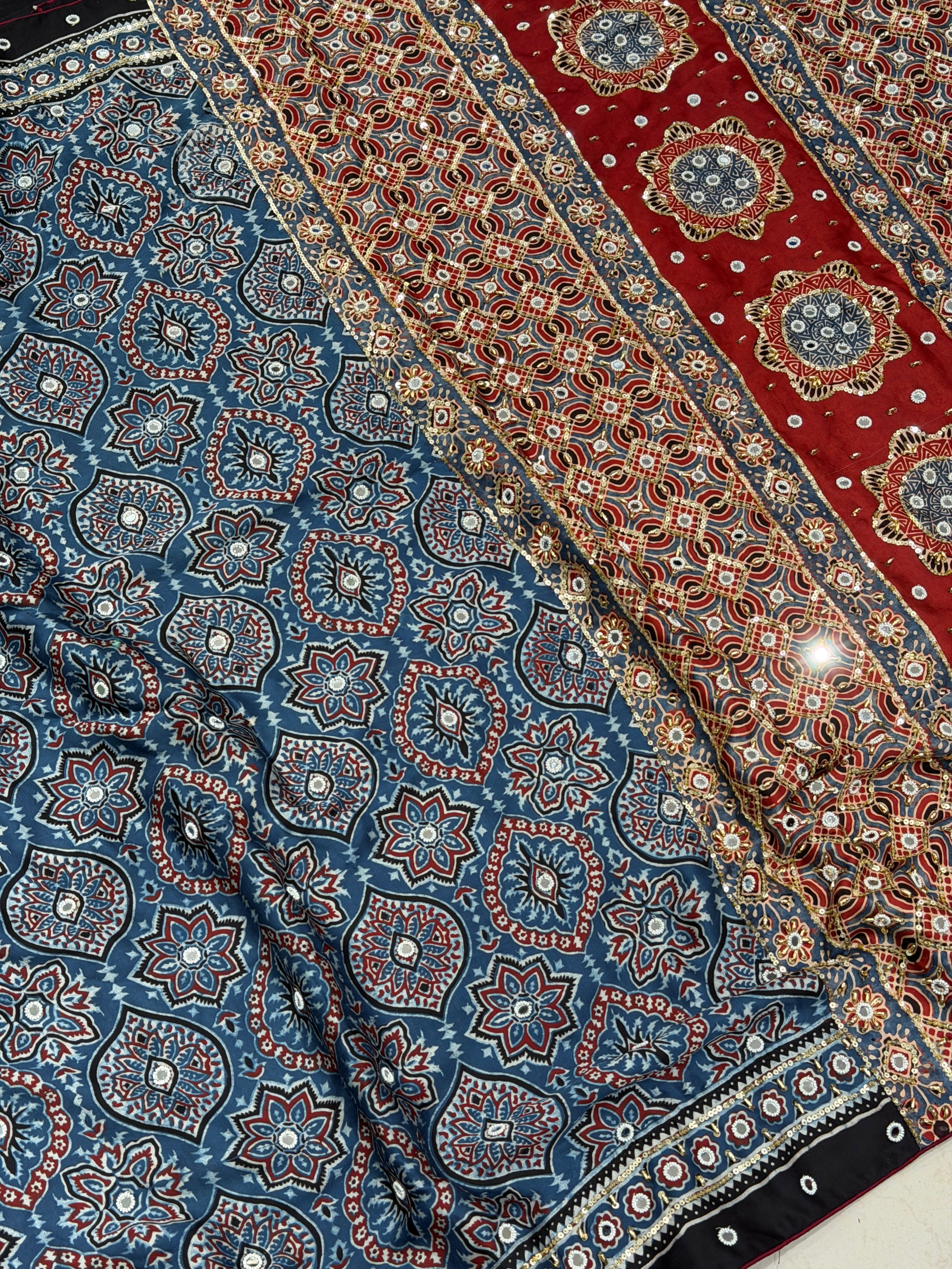 Blue Red Badam Buttis Ajrakh Real Mirror Moti Sequin Hand Embroidery Saree