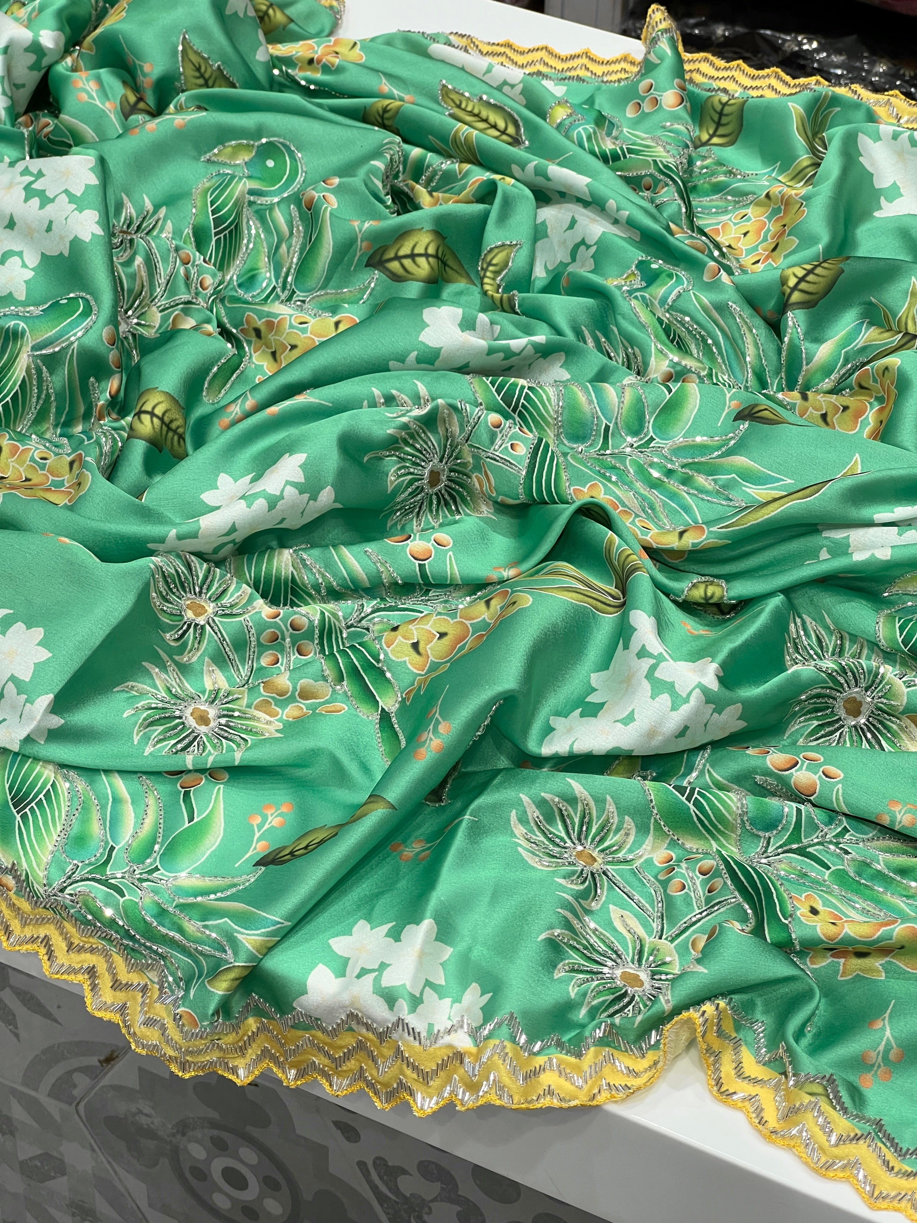 Green Printed Satin Hand Embroidery Saree