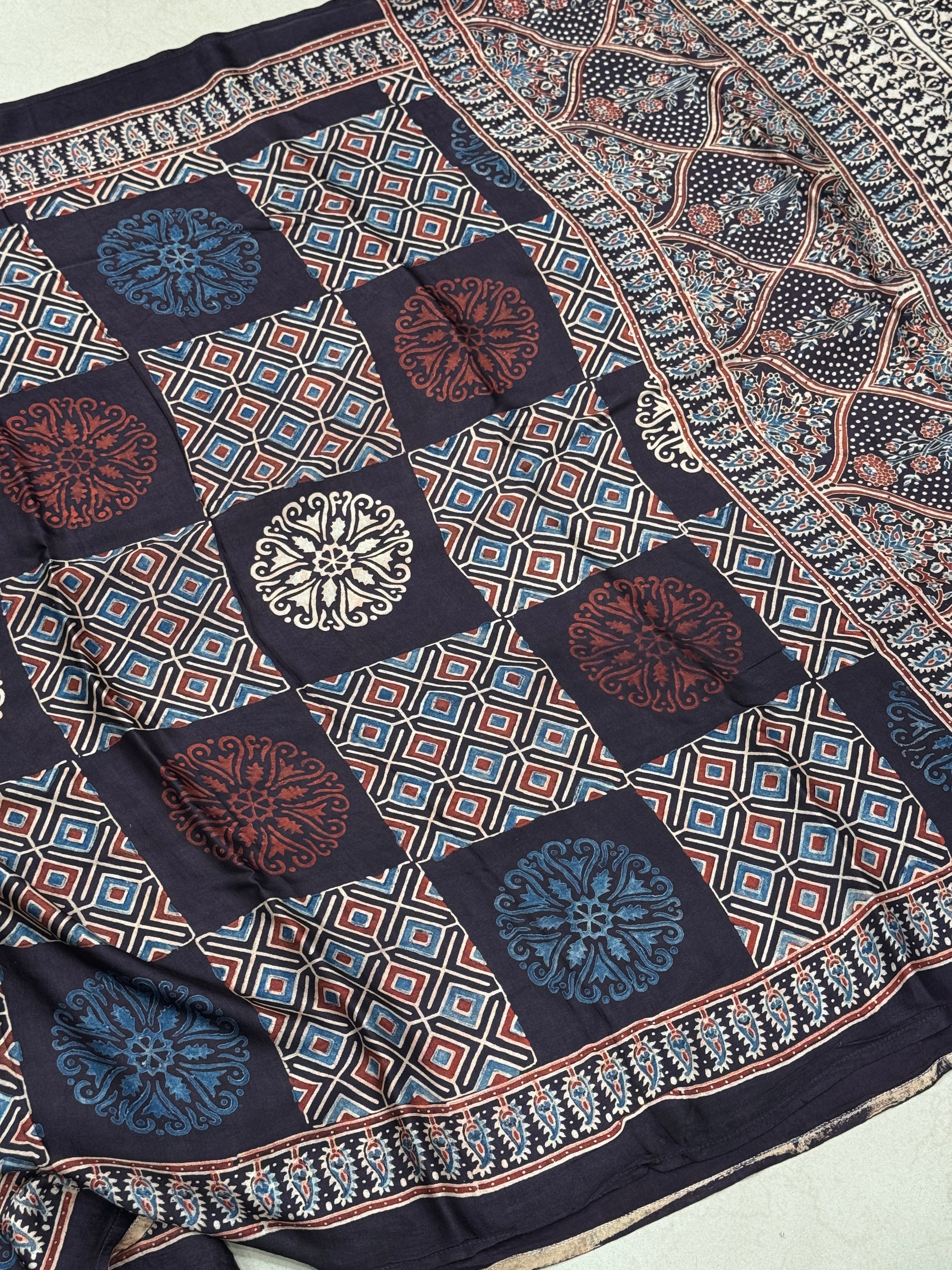 Multi Traditional Check Ajrakh Modal Gajji Silk Saree