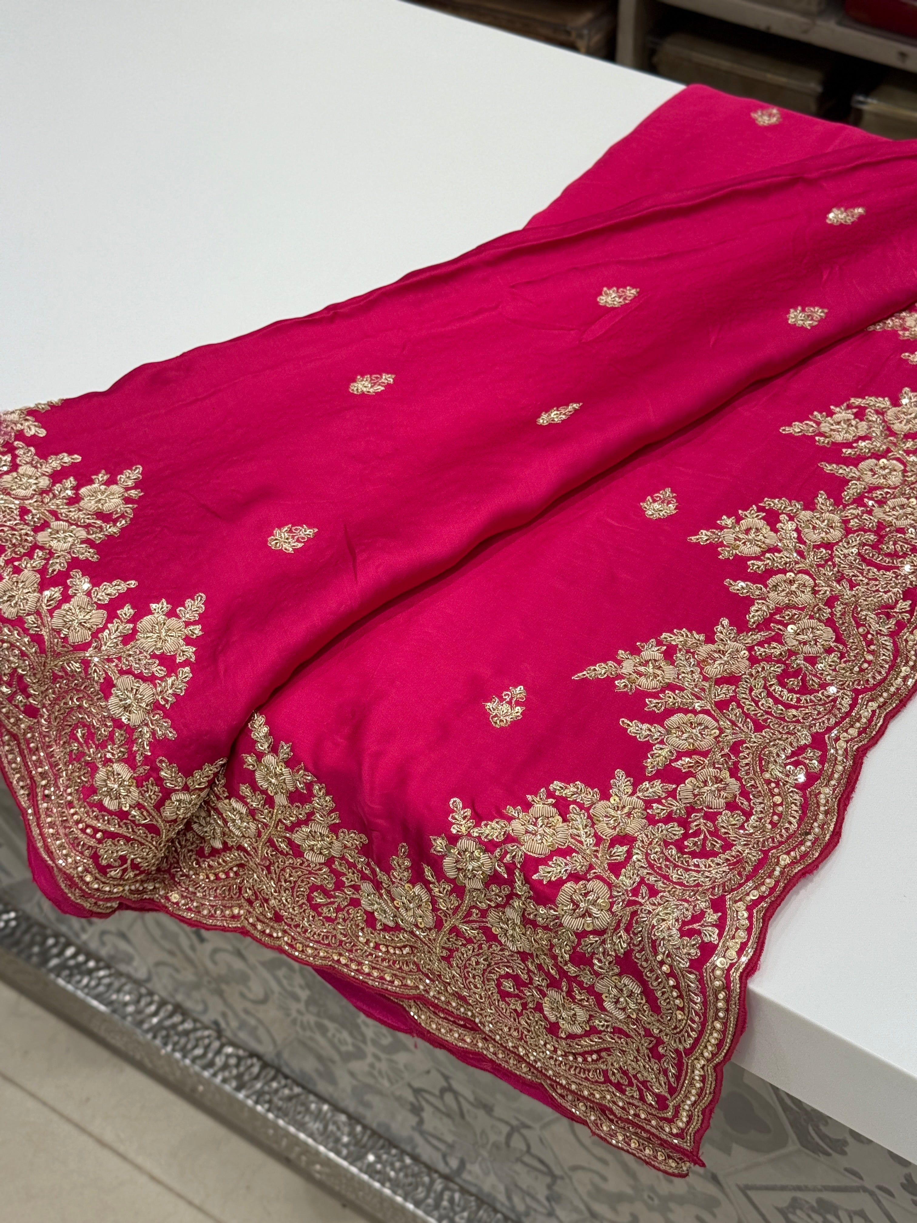 Rani Pink Buttis Satin Hand Embroidery Zardosi Saree