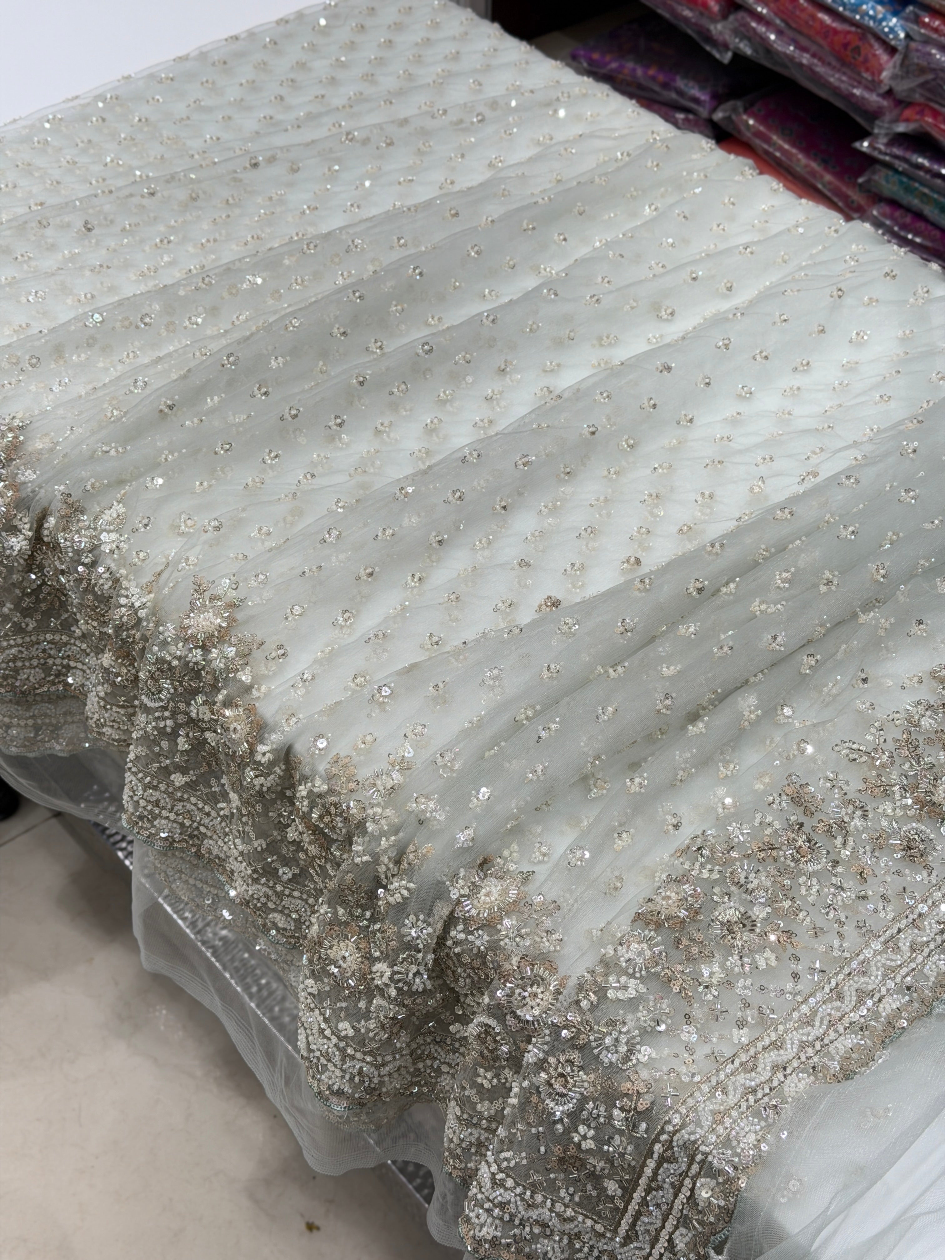 Light Blue Buttis Heavy Blouse Soft Net Embroidery Saree