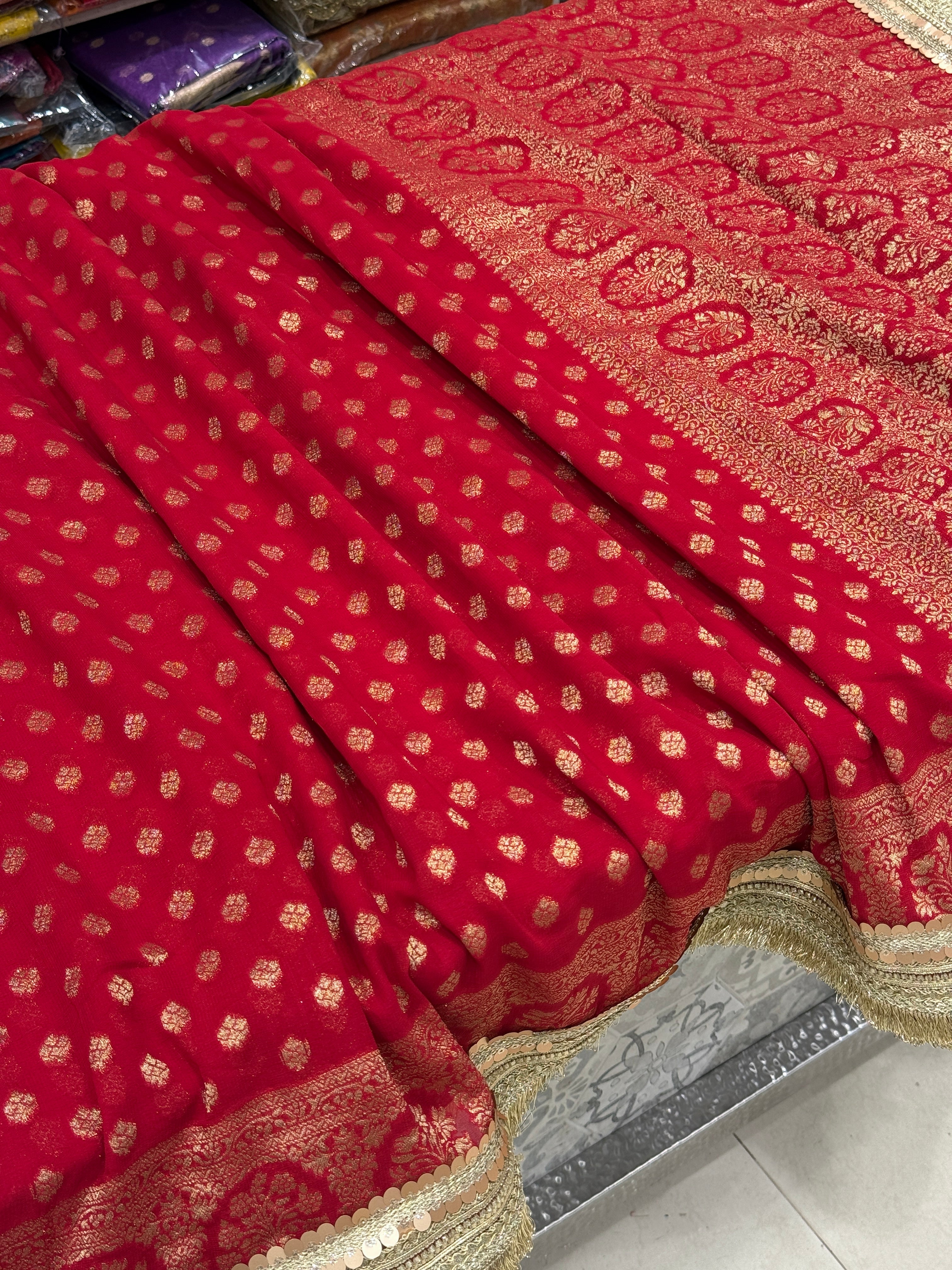 Red Banarasi Khaddi Georgette Buttis Maharani Lace Saree