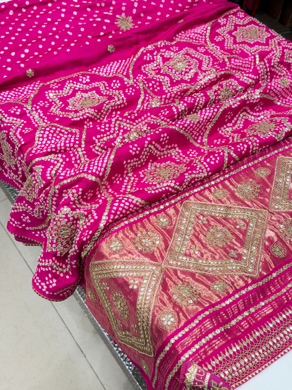 Rani Pink Faabiiana Inspired Gajji Silk Rai Bandhej Gotapatti Marodi Hand Embroidery Saree