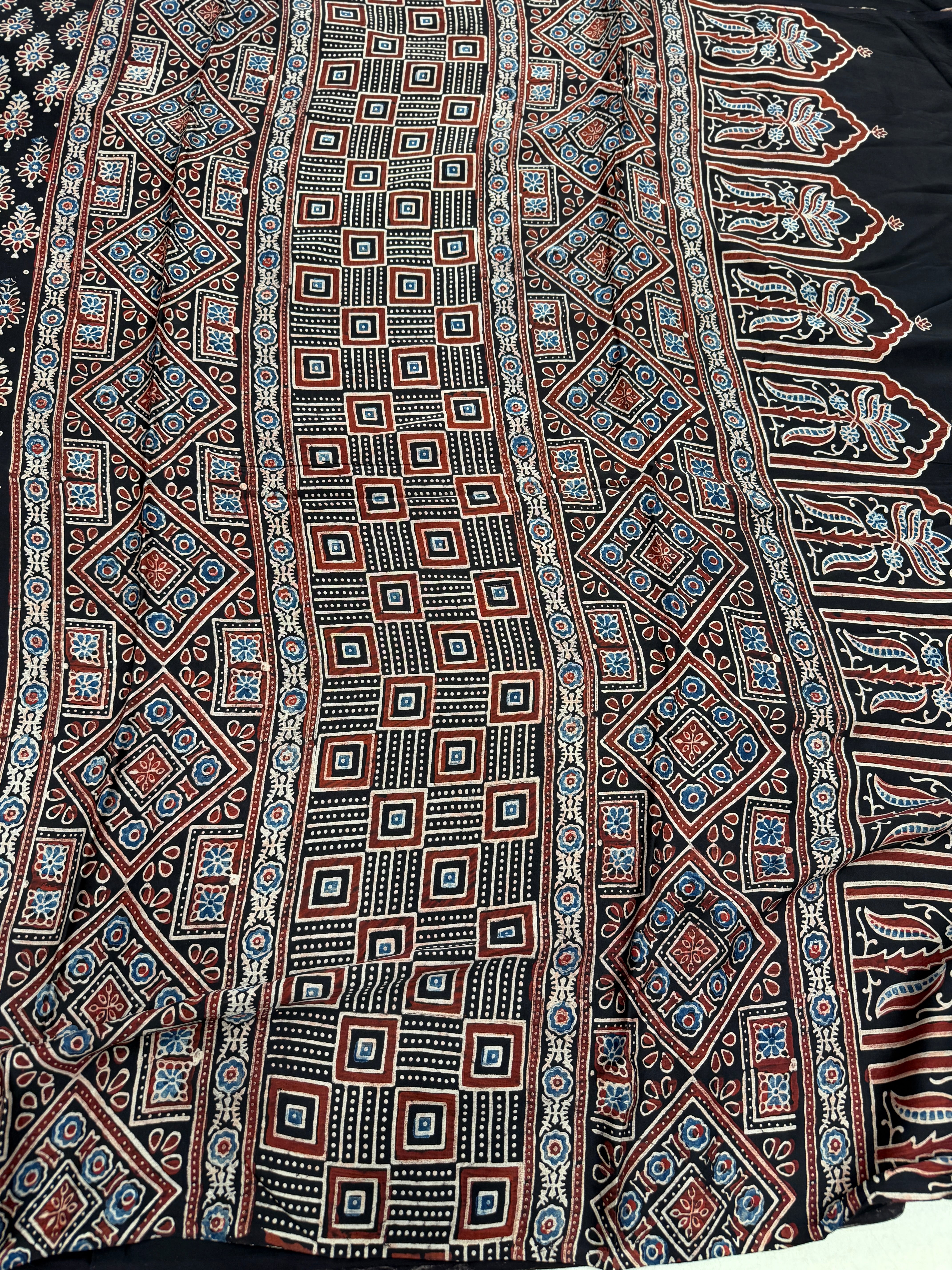 Black Buttis Ajrakh Hand Block Print Pure Gajji Silk Saree