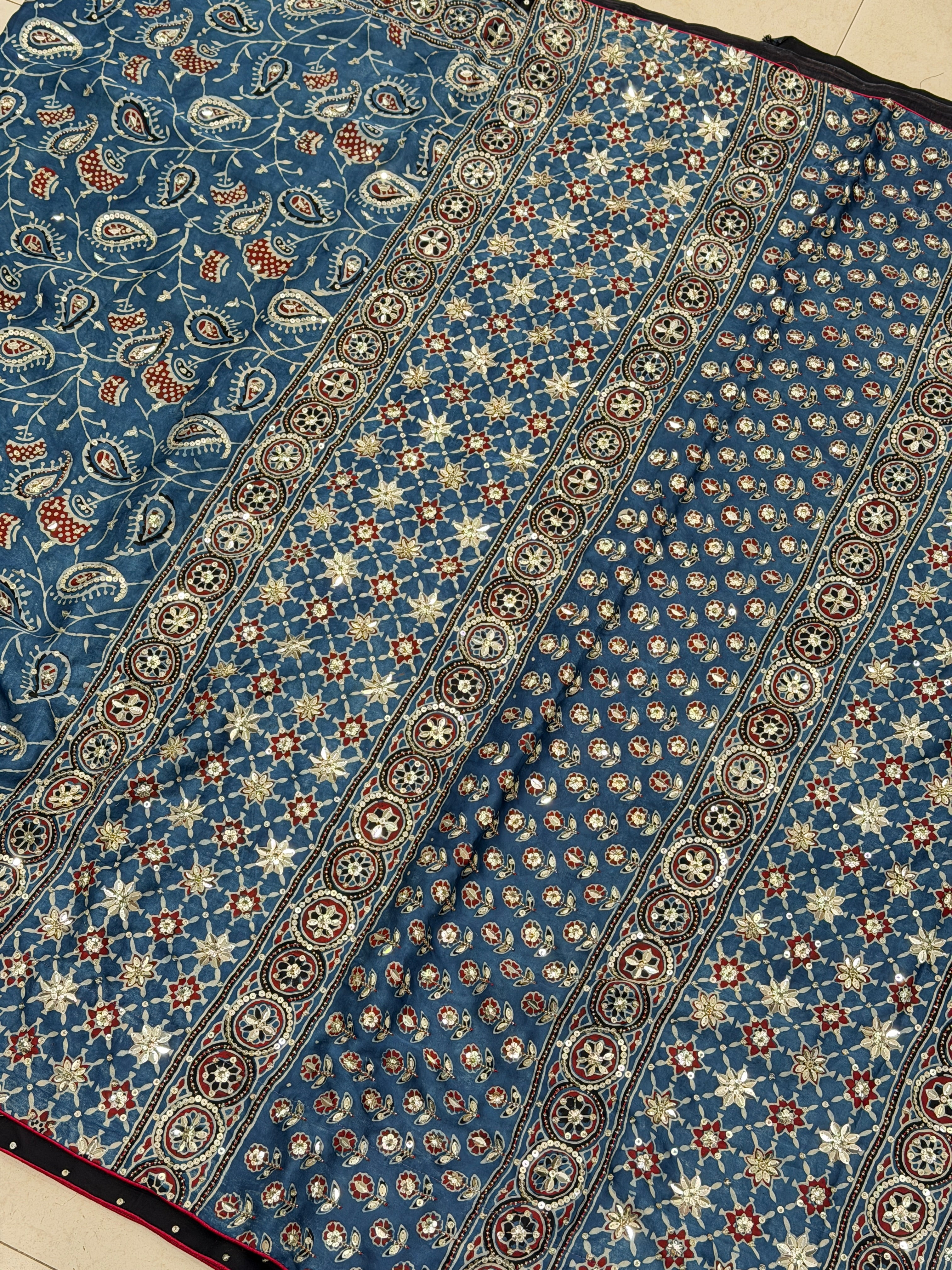 Blue Jaal Ajrakh Sequin Moti Hand Embroidery Saree
