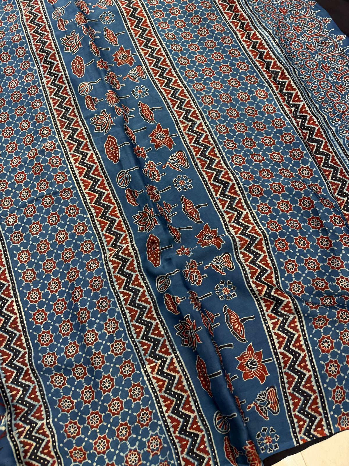 Blue Abstract Ajrakh Hand Block Print Pure Gajji Silk Saree