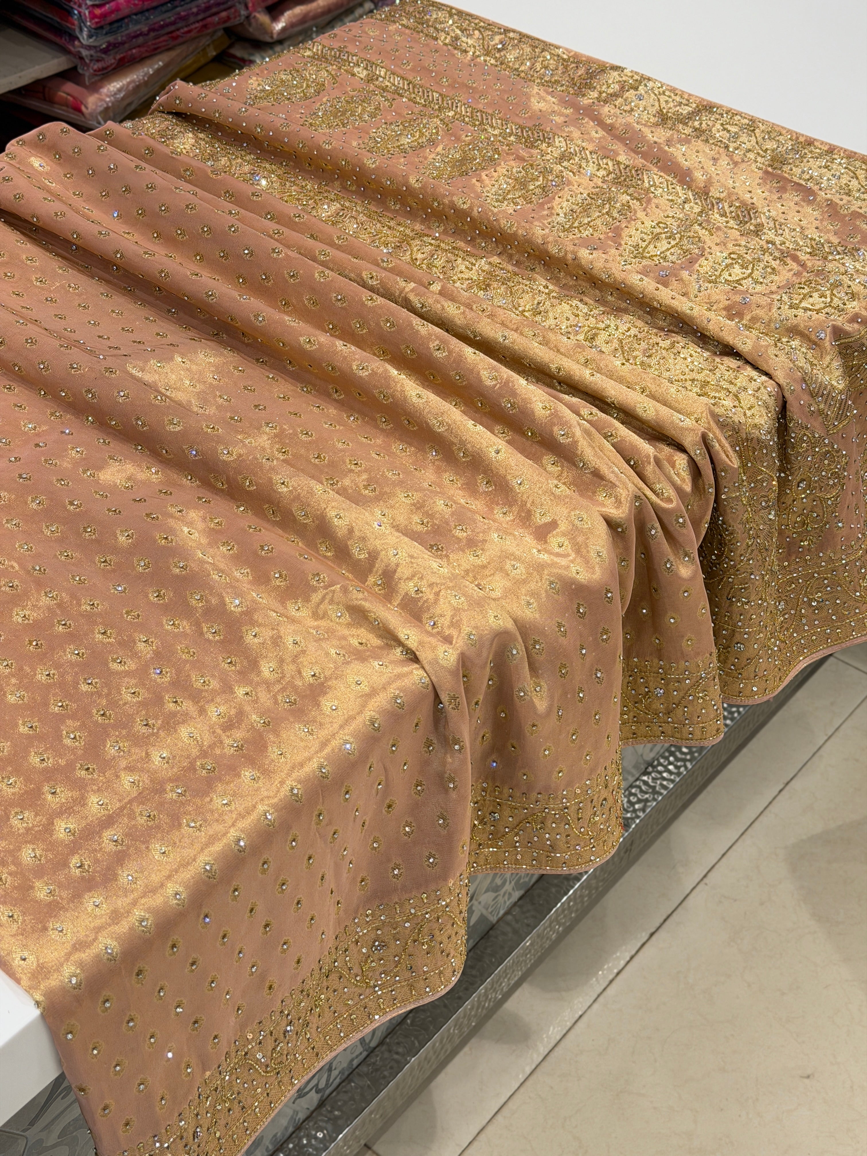 Pink Tissue Buttis Stones Hand Embroidery Saree