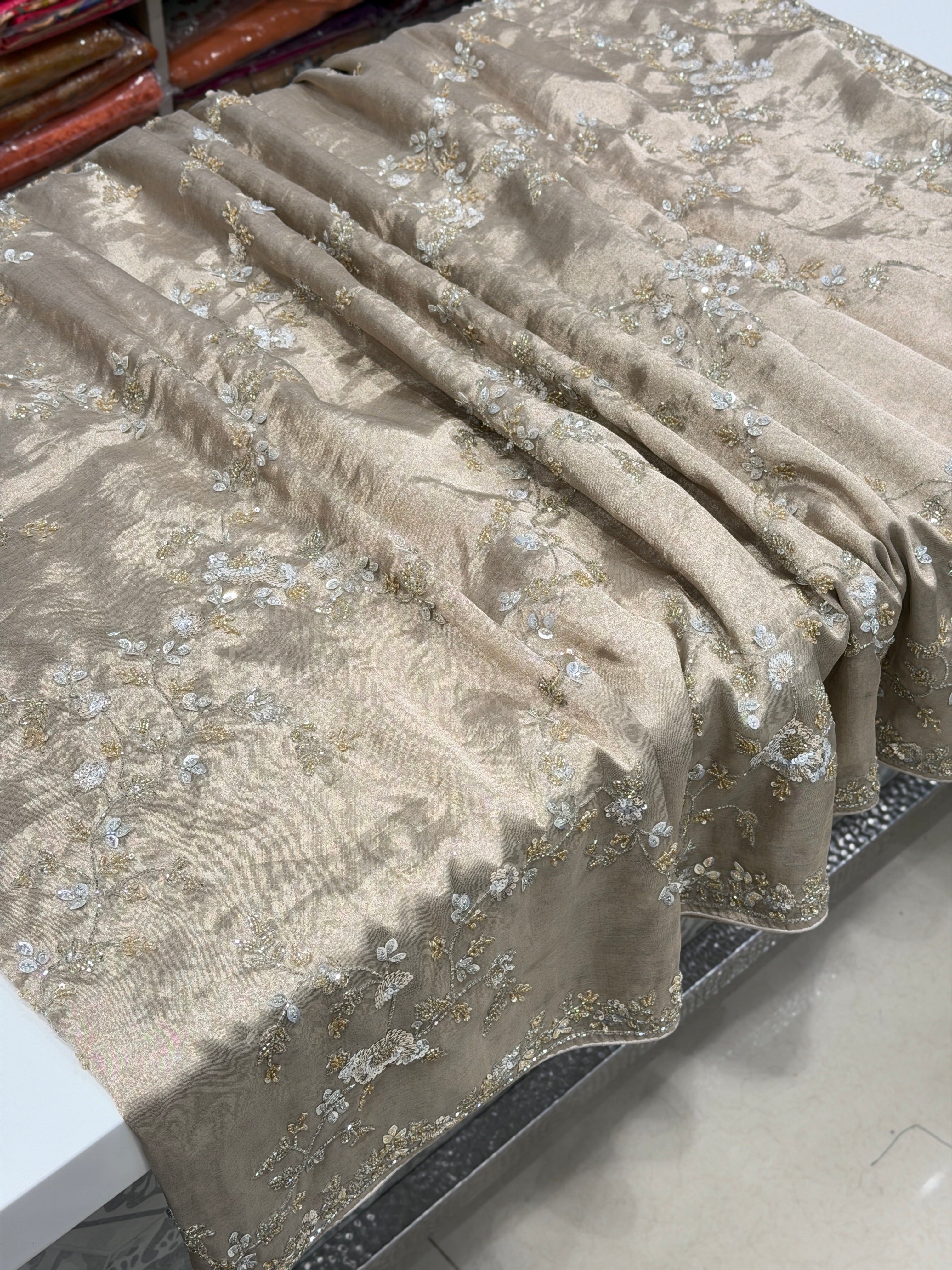 Rosegold Silver Pure Tissue Silk Sequin Moti Hand Embroidery Saree