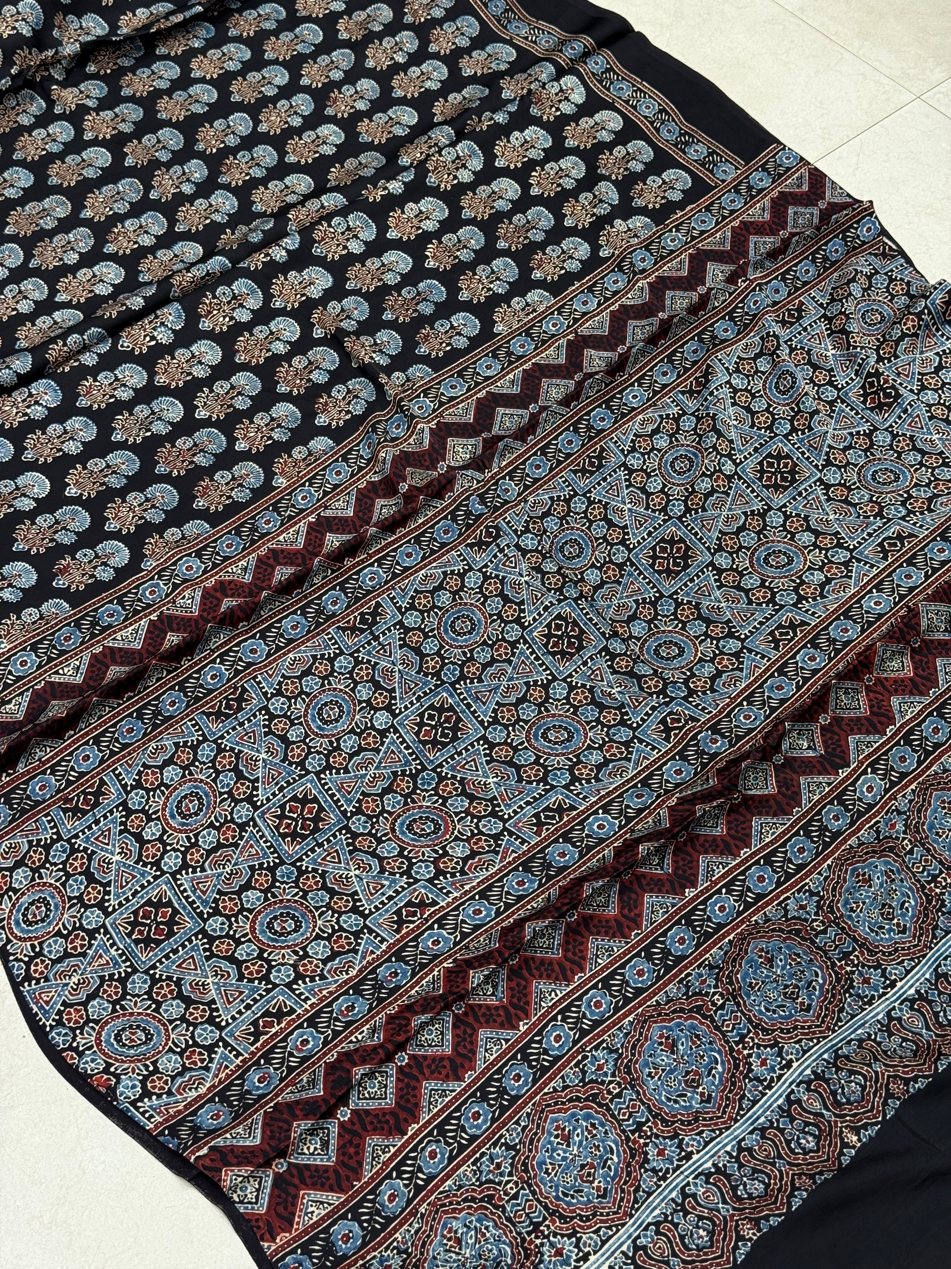 Black Big Buttis Ajrakh Block Print Hand Pure Gajji Silk Saree