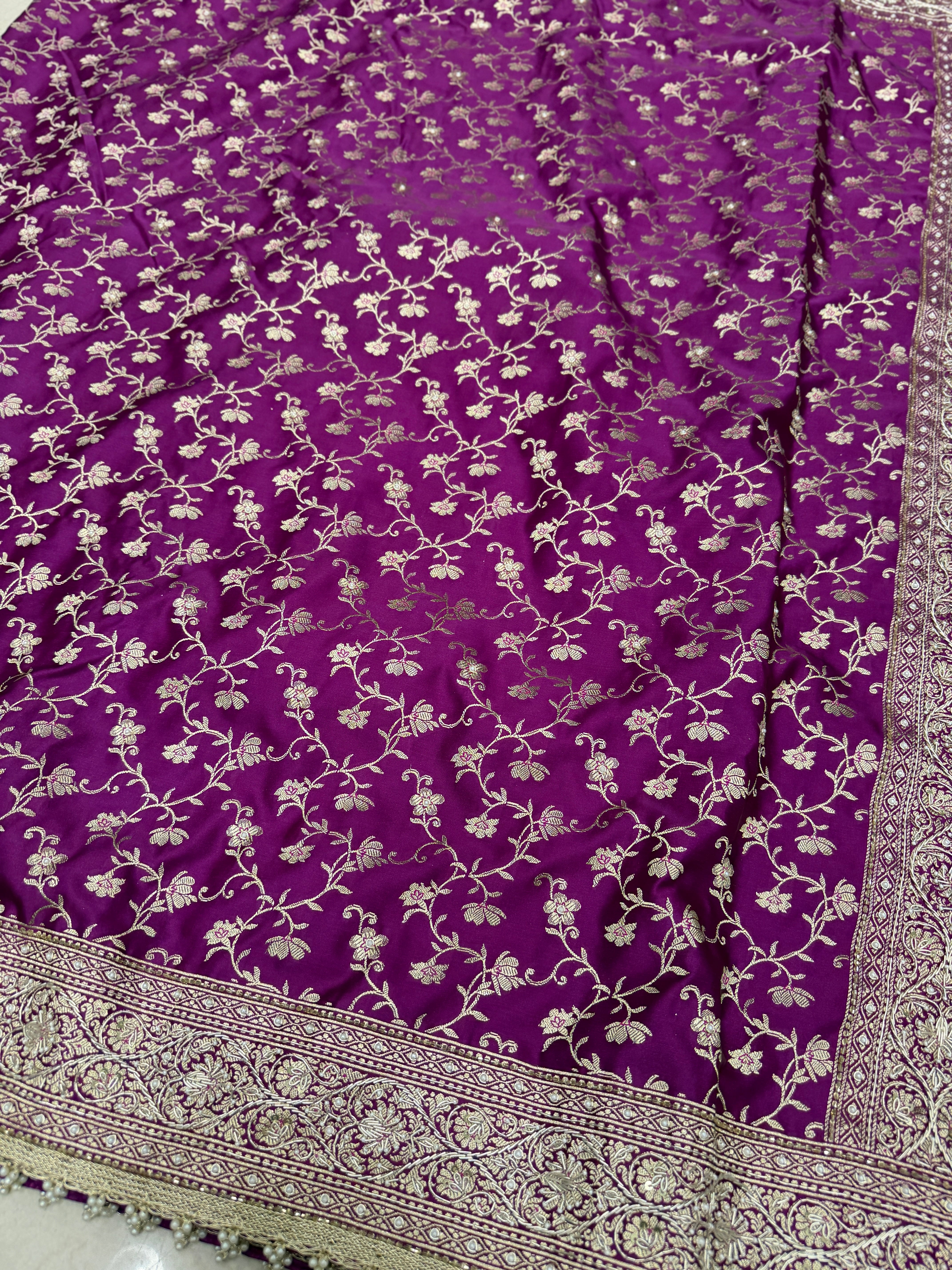 Wine Banarasi Perwinkle Jaal Zardozi Hand Embroidery Saree
