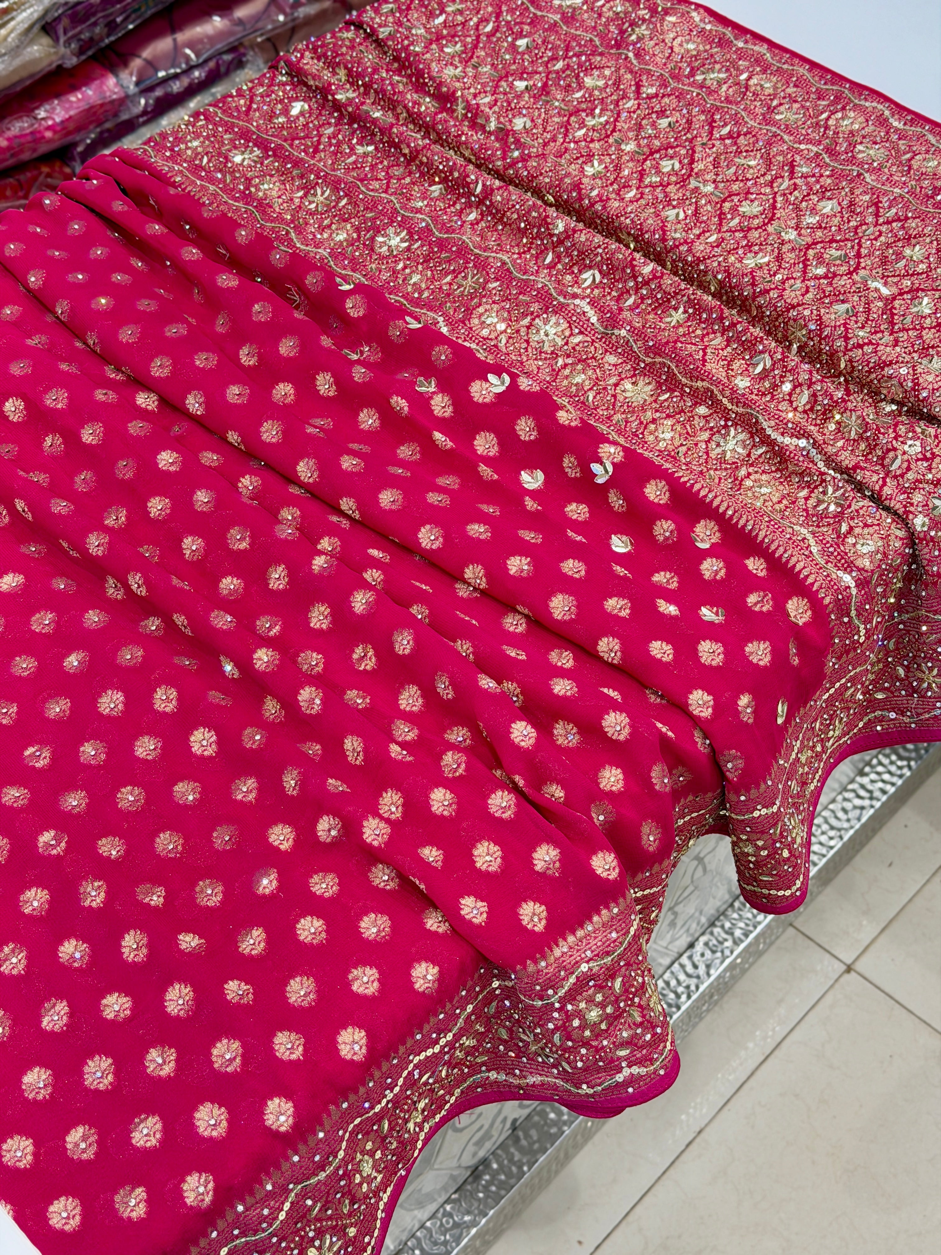 Rani Banarasi Khaddi Georgette Butti Hand Embroidery Sequin Stone Saree
