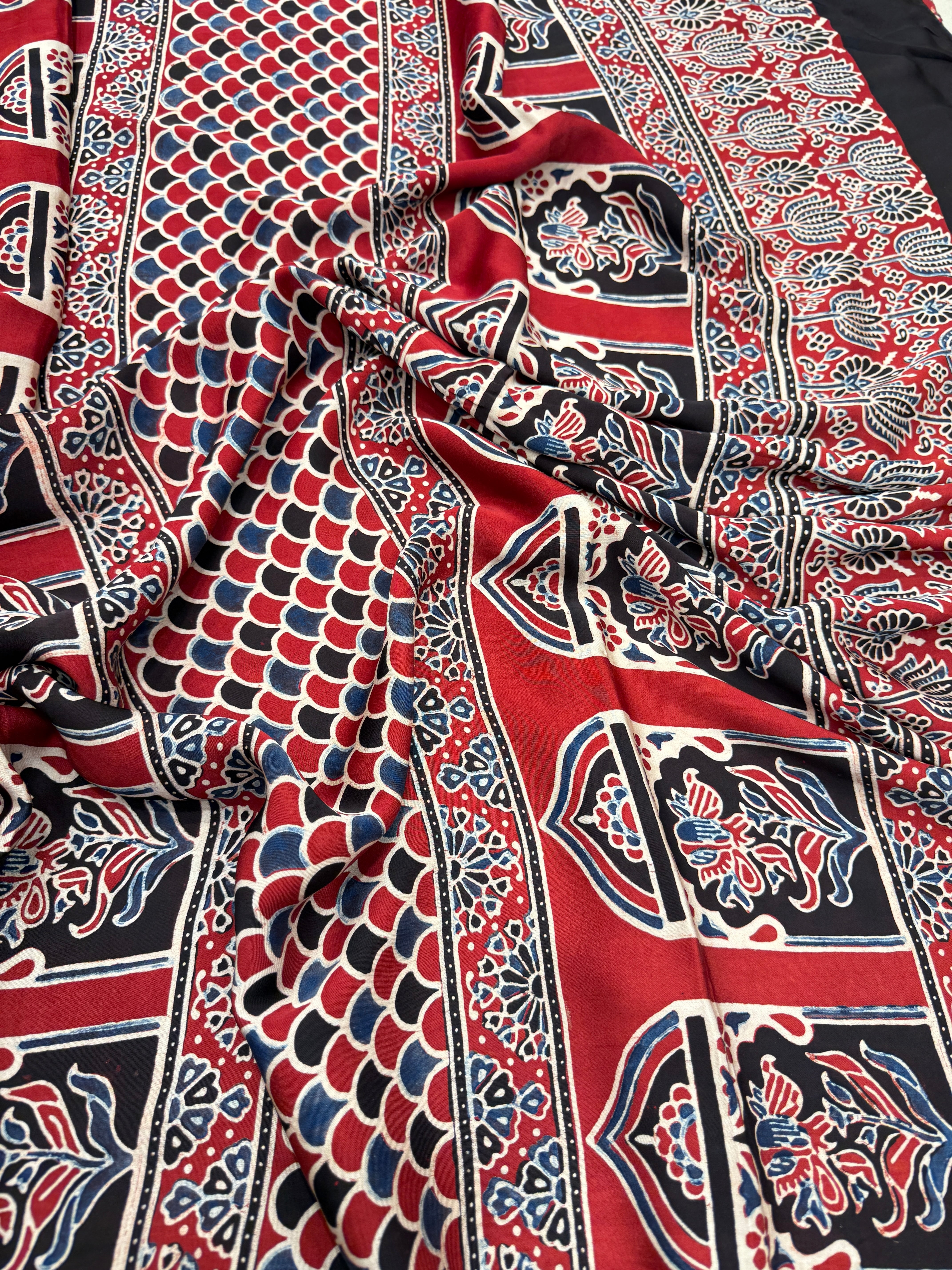 Red Butti Leaf Modal Gajji Silk Handblock Print Ajrakh Saree