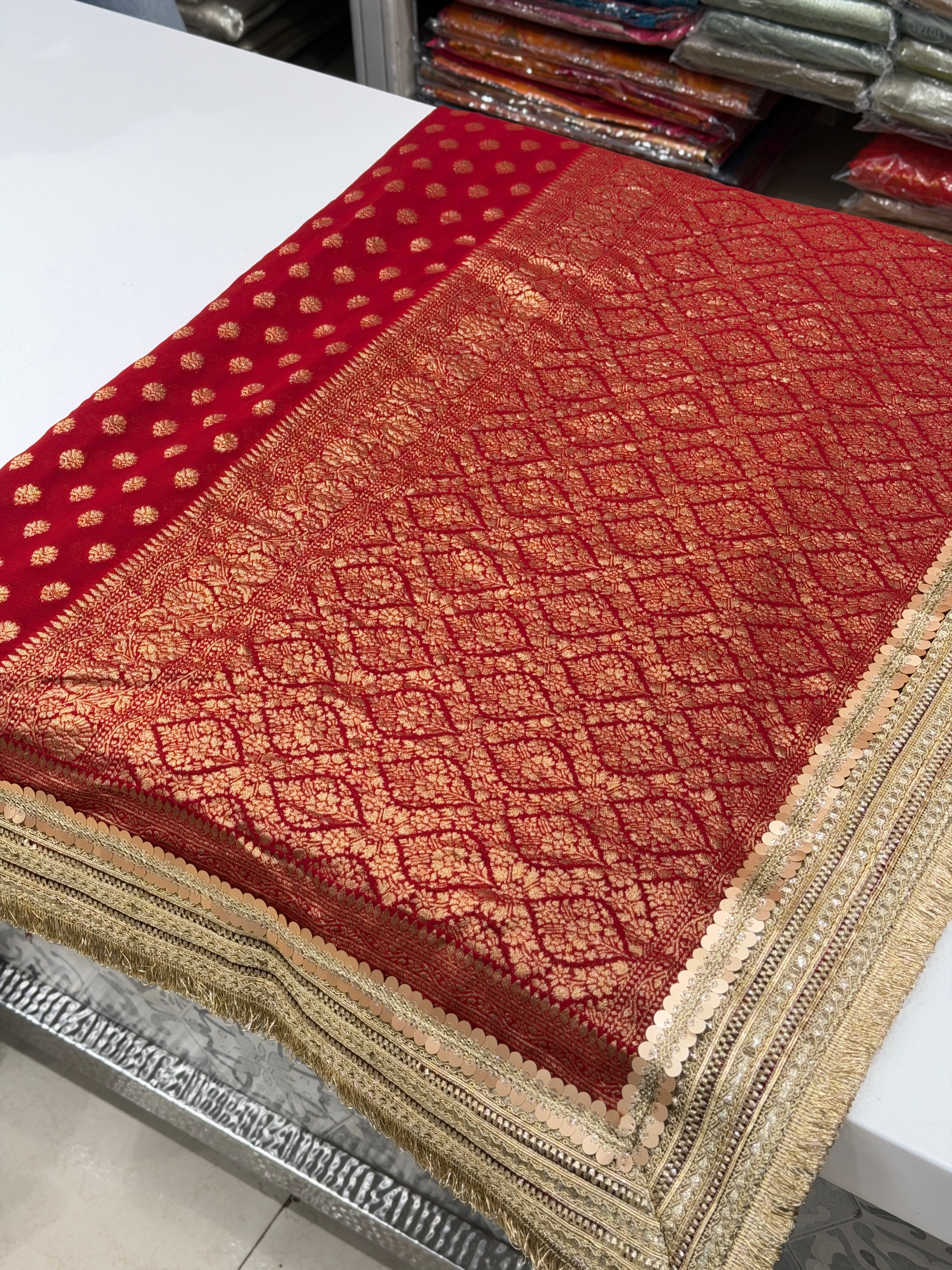 Red Banarasi Khaddi Georgette Buttis Maharani Lace Saree