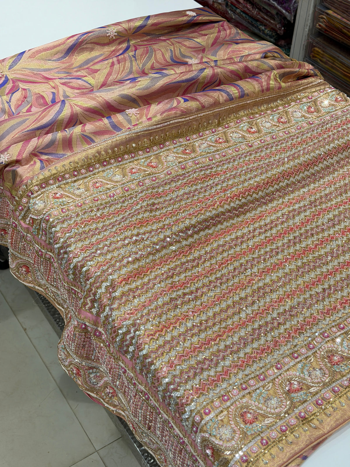 Pink Rangkat Kanjivaram Moti Zardosi Hand Embroidery Saree