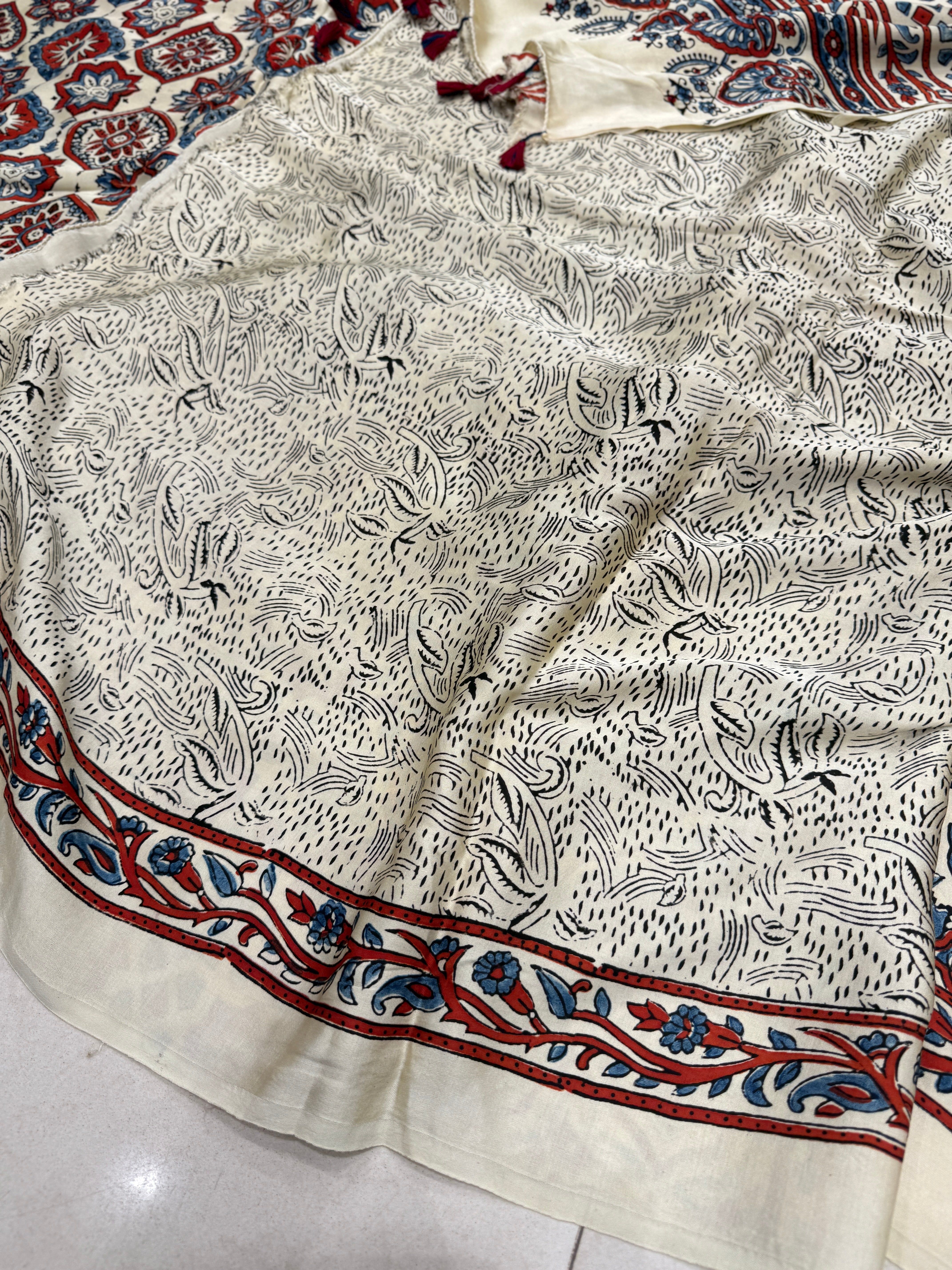 White Badam Buttas Jaal Ajrakh Modal Gajji Silk Saree