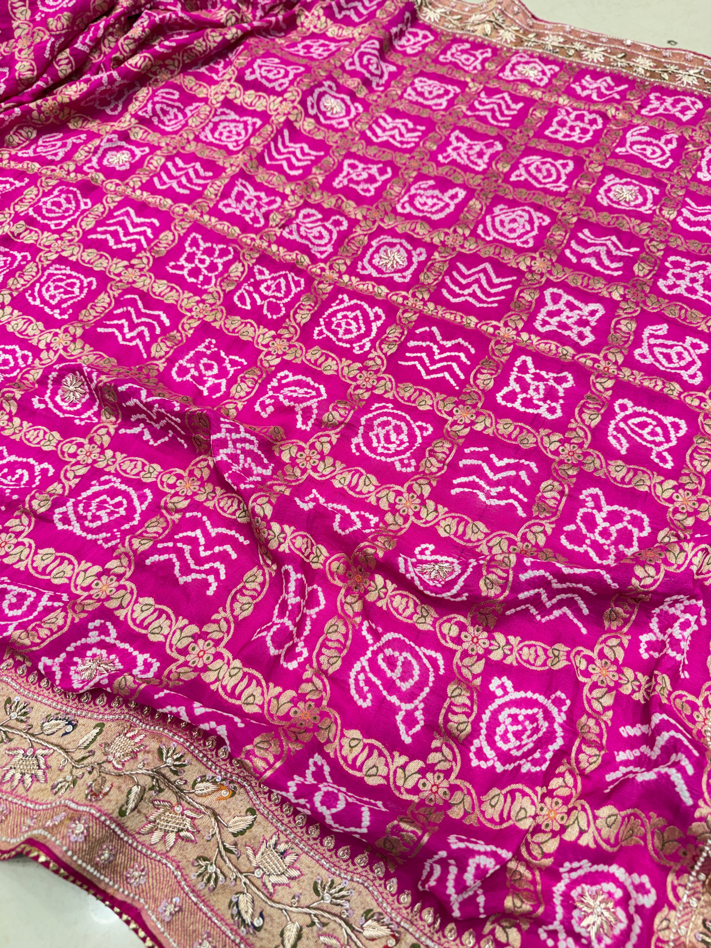Rani Pink Gharchola Rai Bandhej Zardosi Hand Embroidery Saree