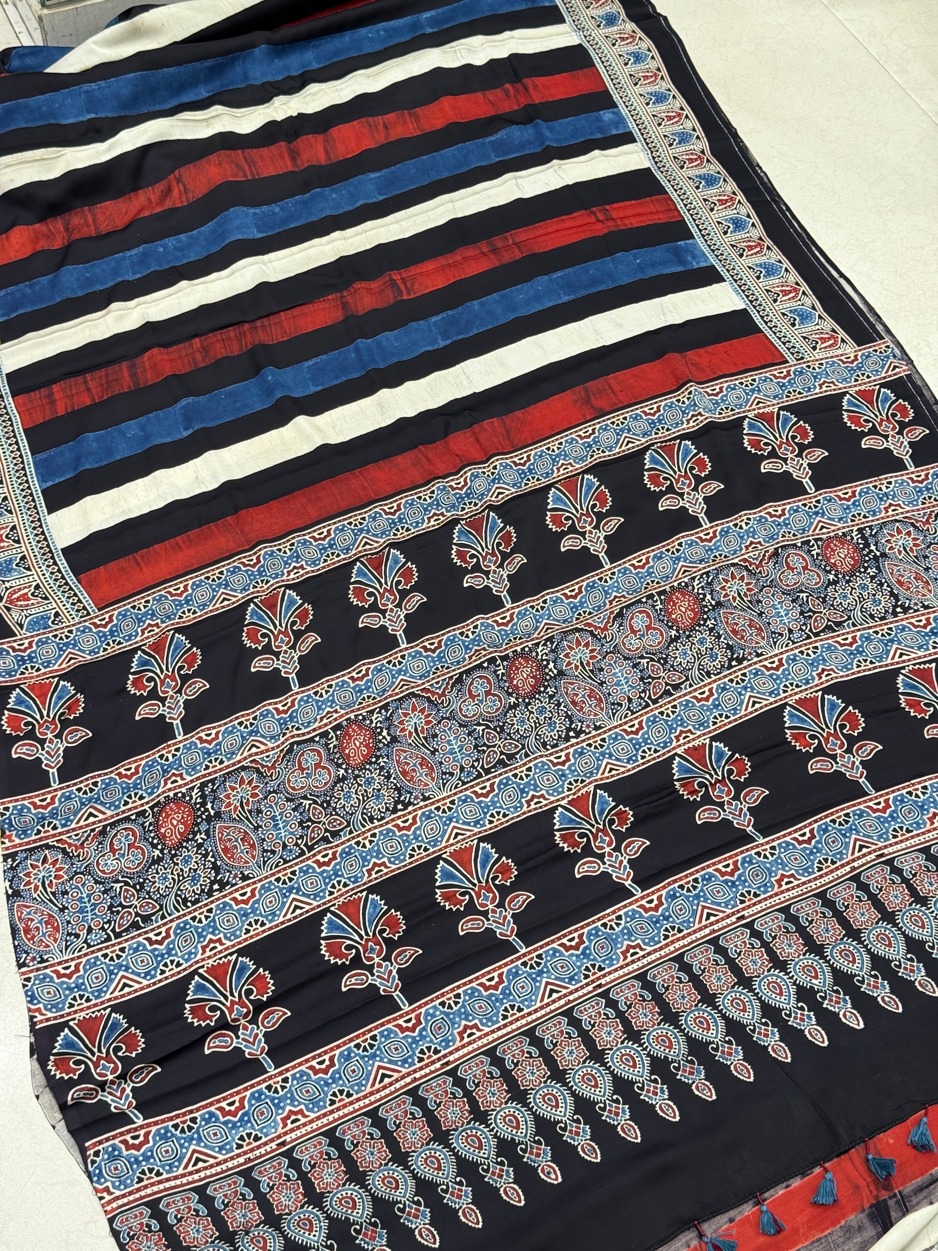 Contemporary Multi Ajrakh Block Print Hand Pure Gajji Silk Saree