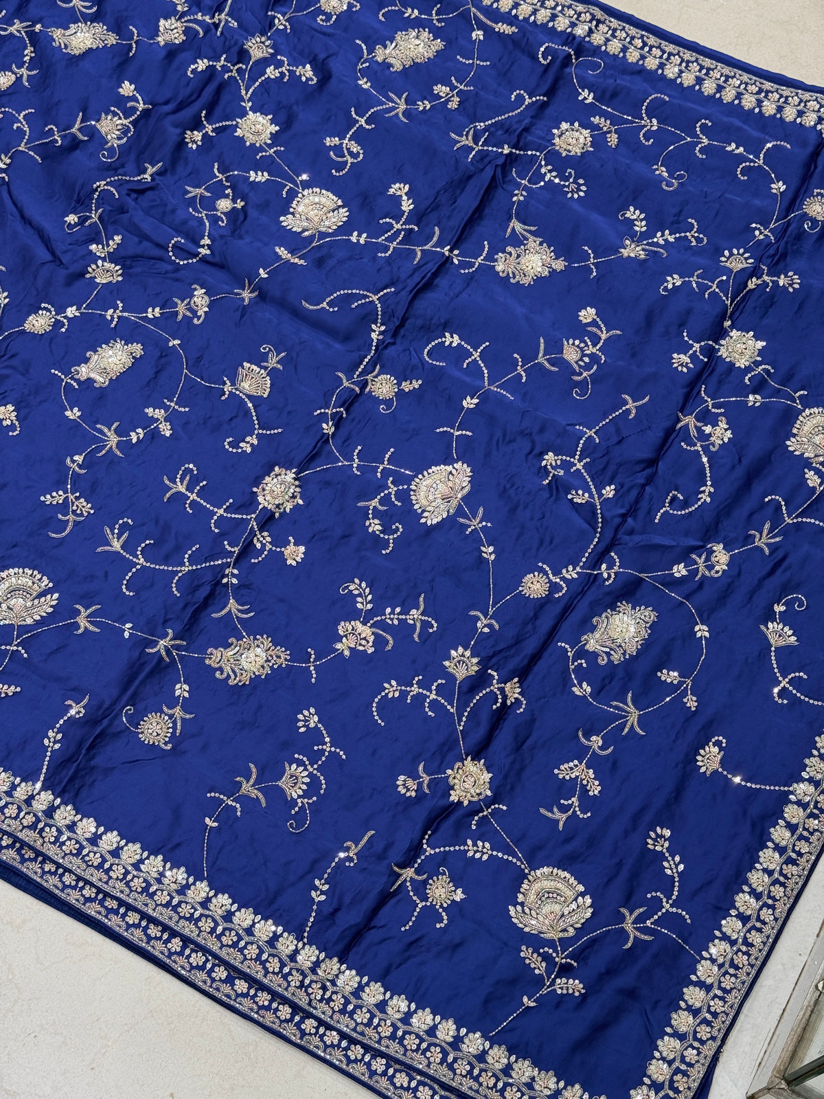 Blue Satin Silk Moti Sequin Jaal Hand Embroidery Saree