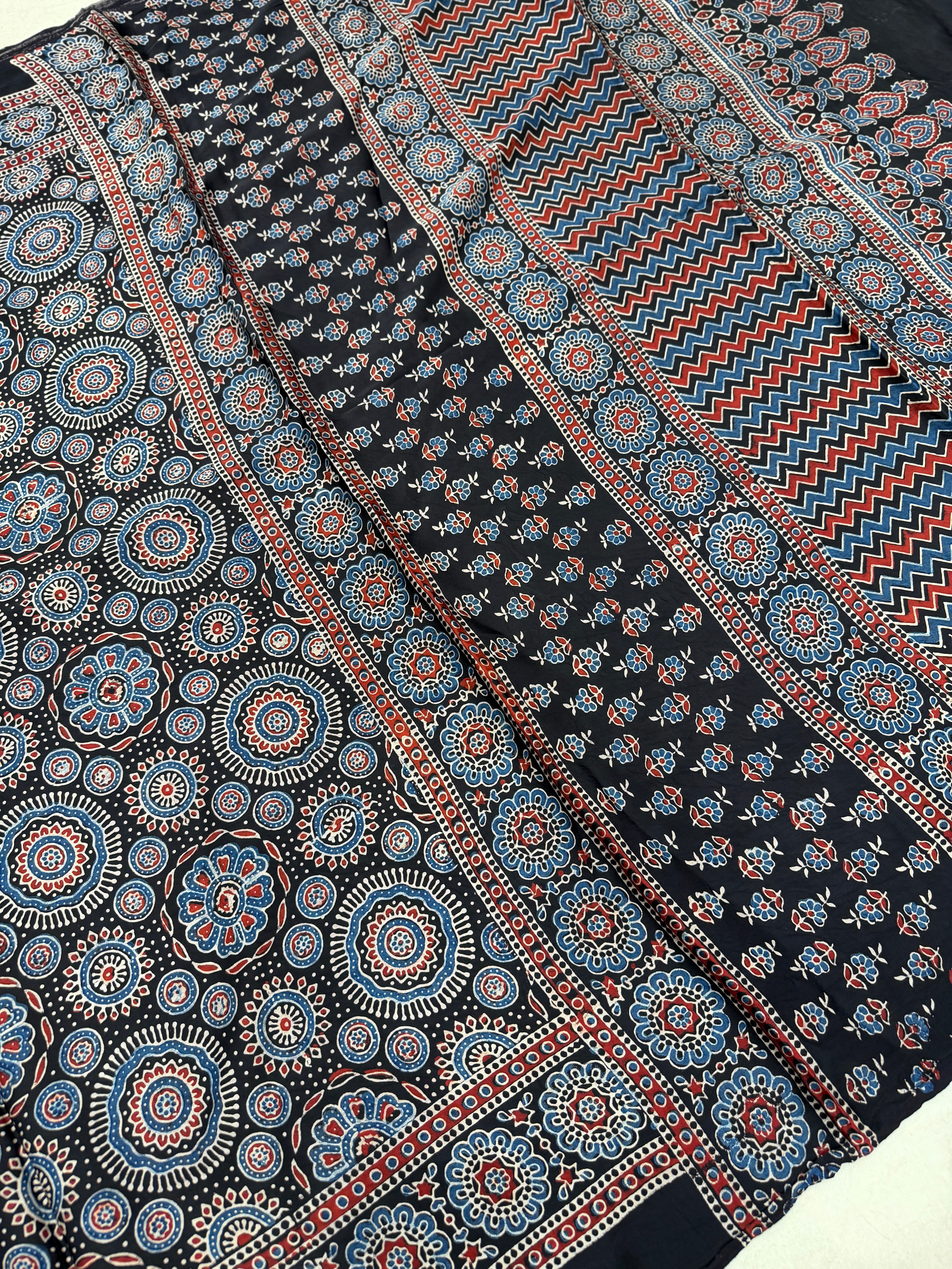 Black Jaal Buttas Ajrakh Hand Block Print Pure Gajji Silk Saree